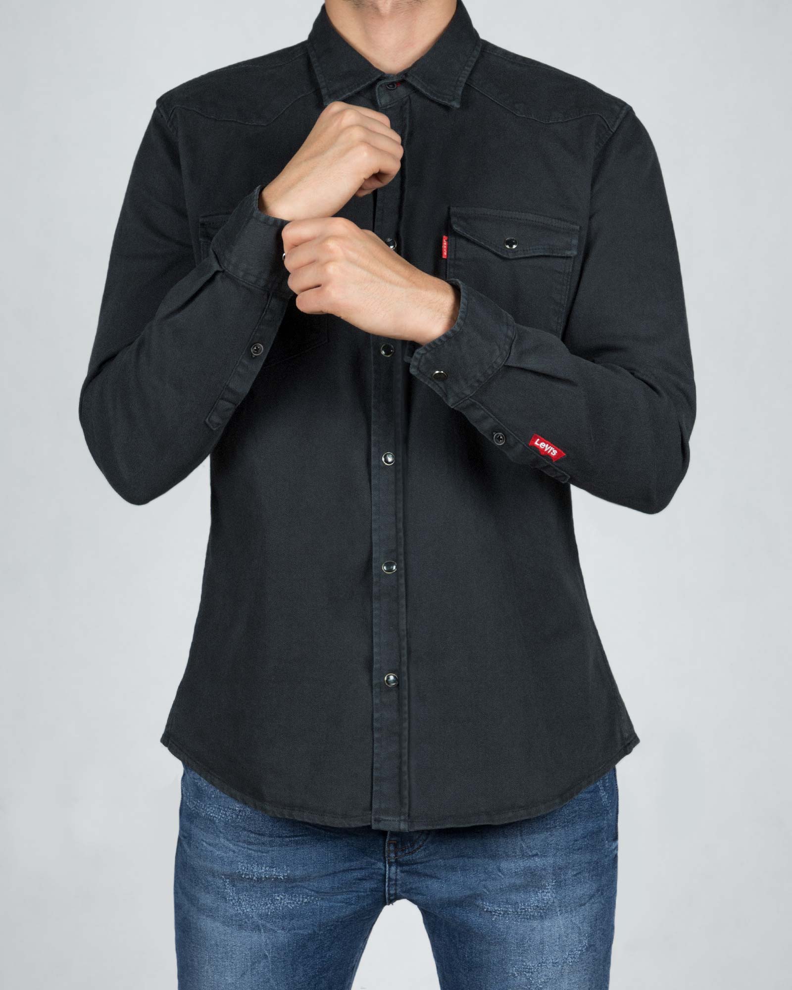 پیراهن مردانه کتان آستین بلند - سربی تیره - رو به رو