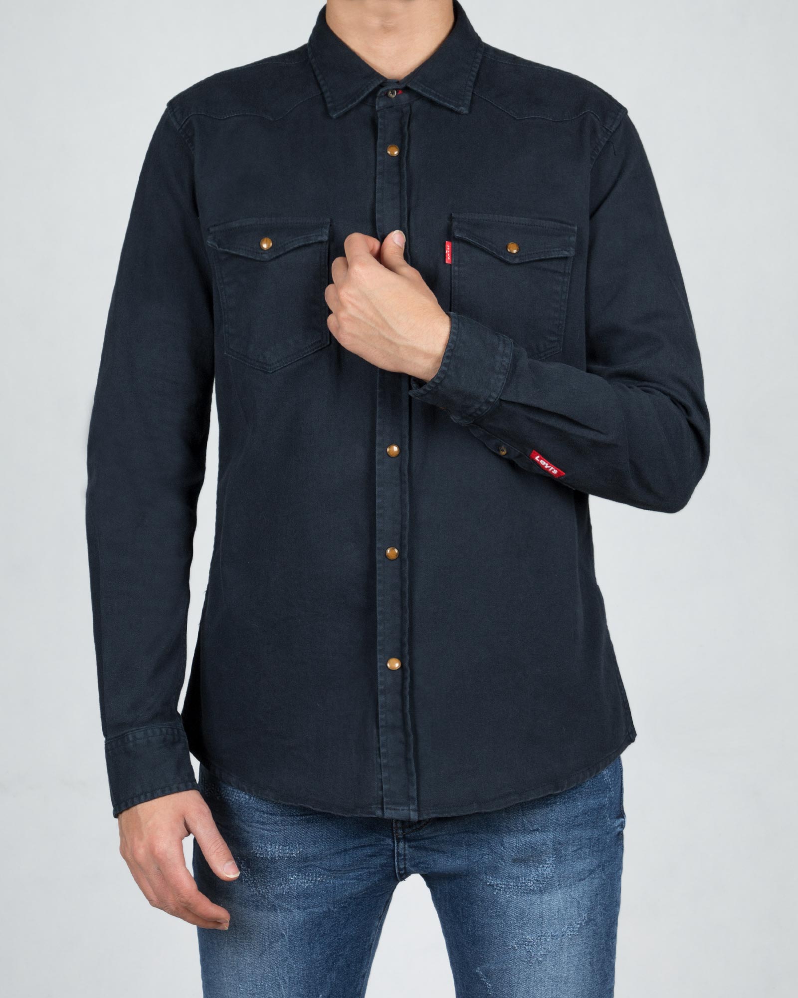 پیراهن مردانه کتان آستین بلند - سرمه ای تیره - رو به رو