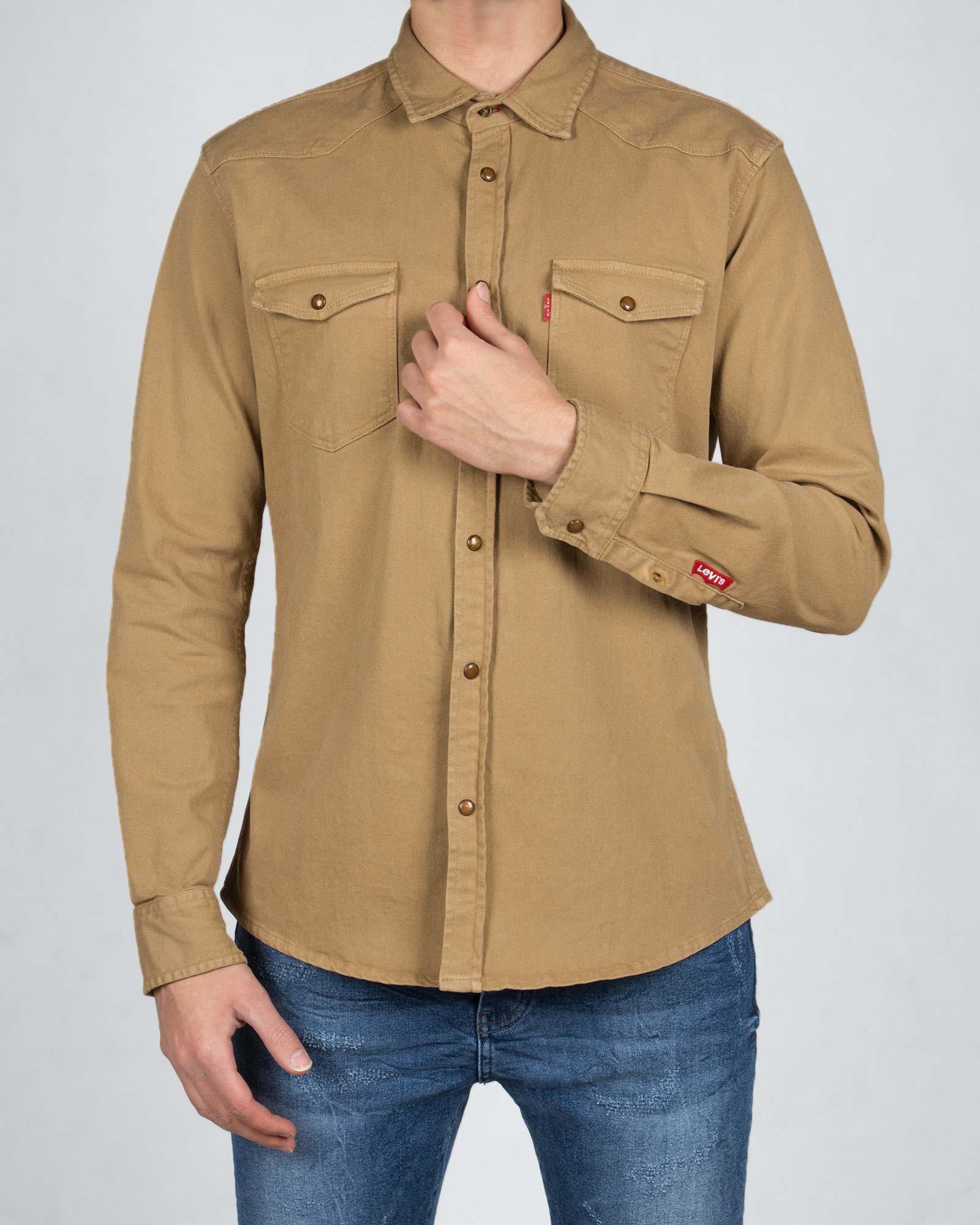 پیراهن مردانه کتان آستین بلند - کرمی سیر - رو به رو