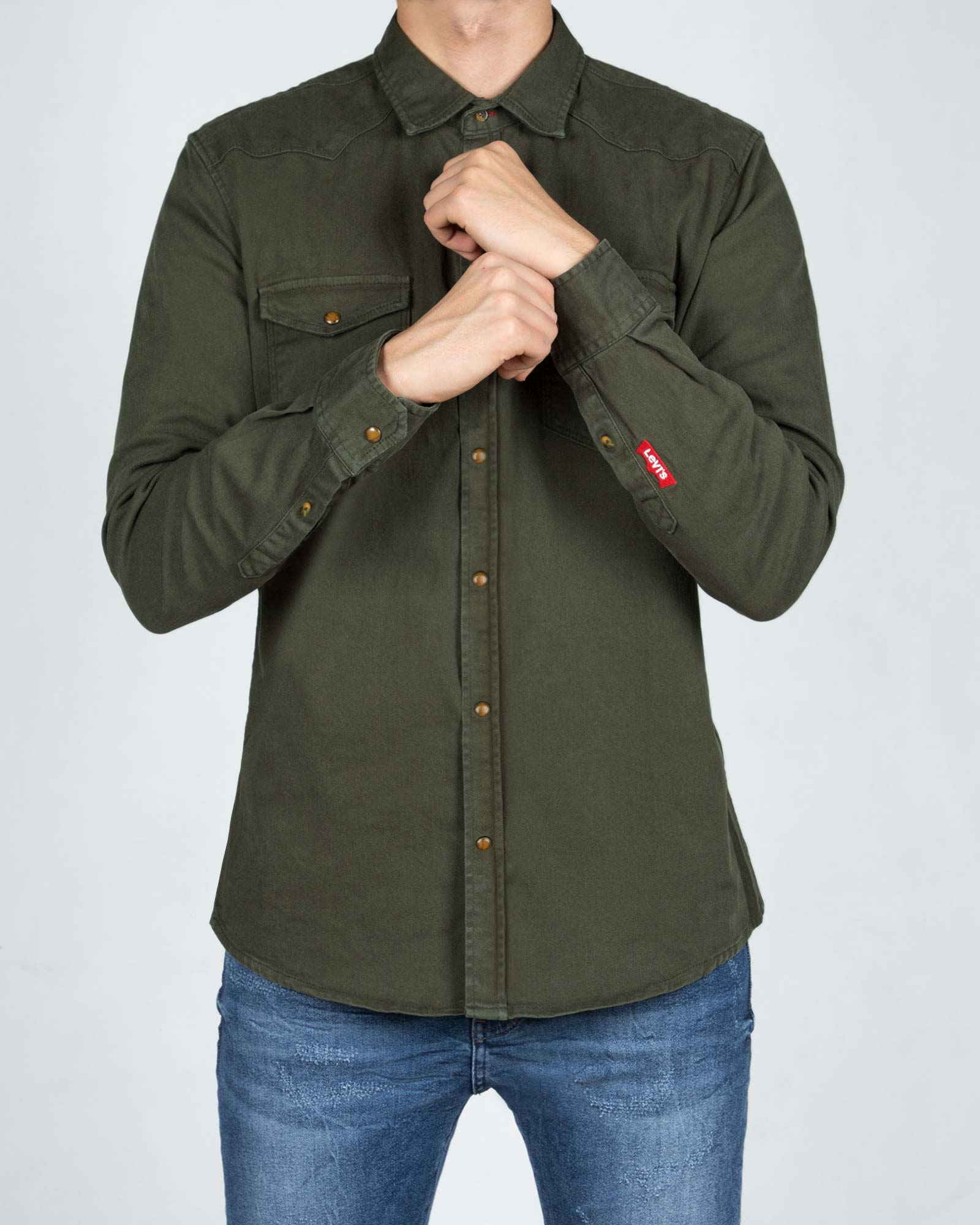 پیراهن مردانه کتان آستین بلند - یشمی - رو به رو