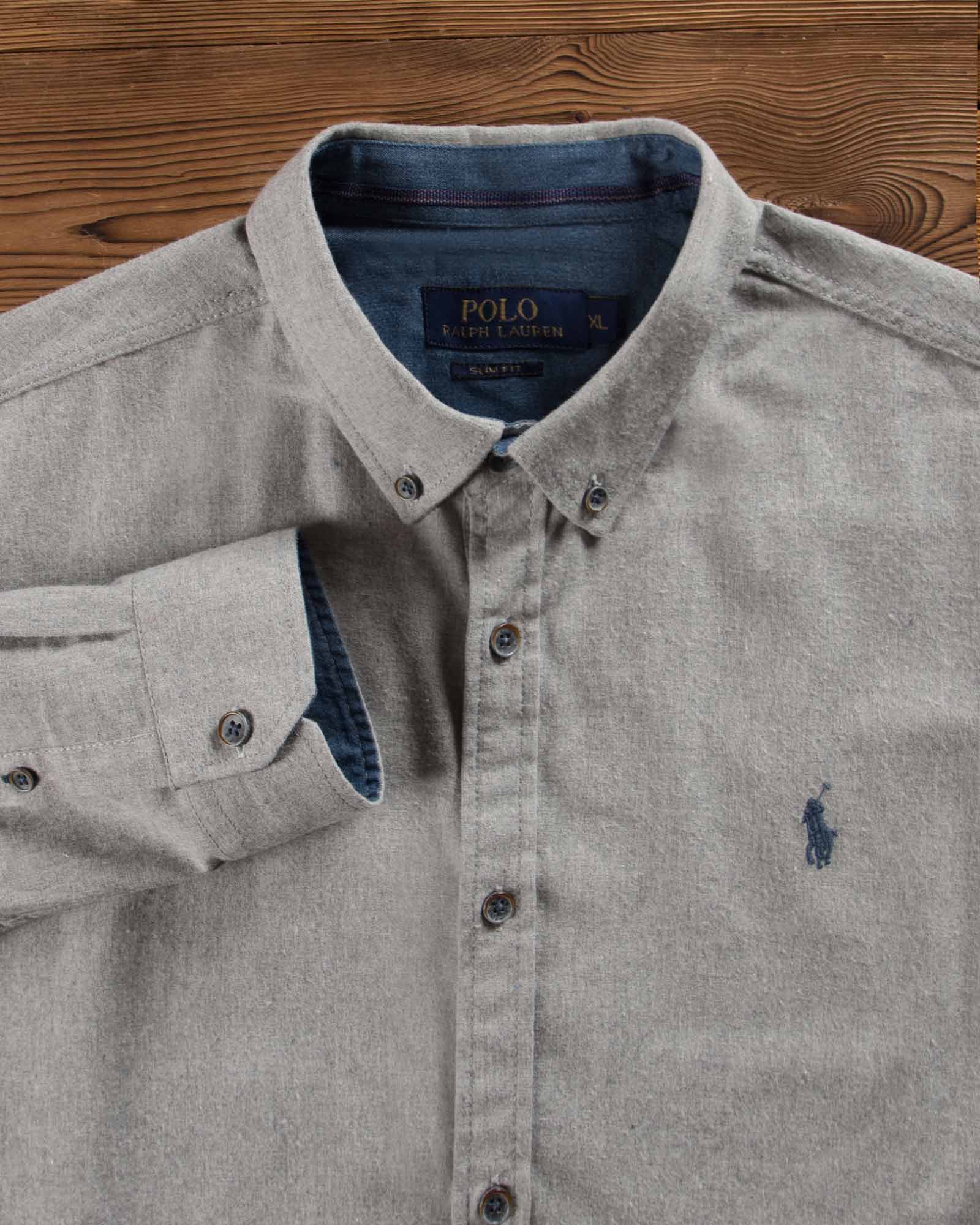 پیراهن کتان مردانه کلاسیک-طوسی کمرنگ- یقه و لوگو پولو