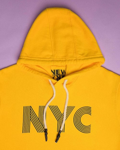 هودی نخ پنبه ای دخترانه - زرد - کلاه و طرح NYC