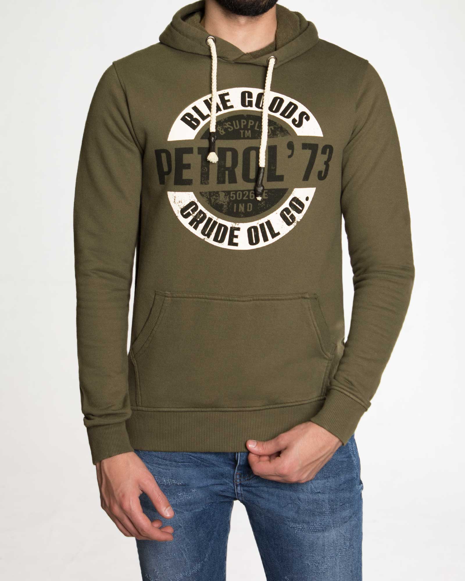 هودی نخ پنبه ای طرح دار مردانه - زیتونی سیر - رو به رو