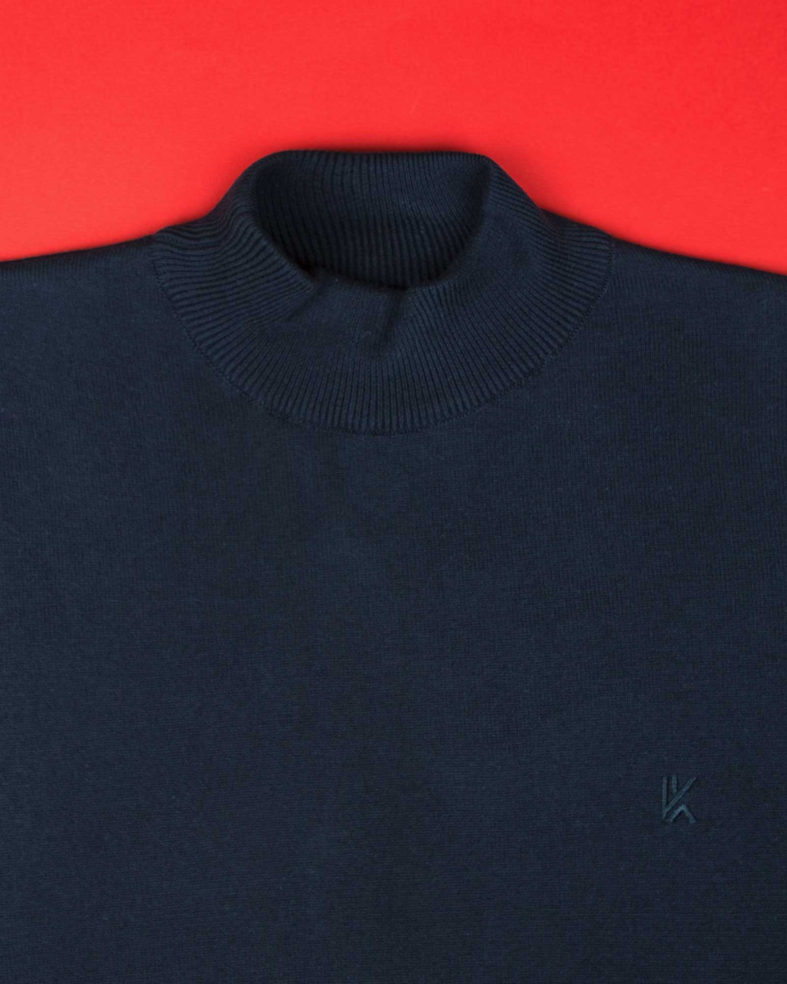 پلیور بافت مردانه آستین بلند ساده - سرمه ای - یقه سه سانت