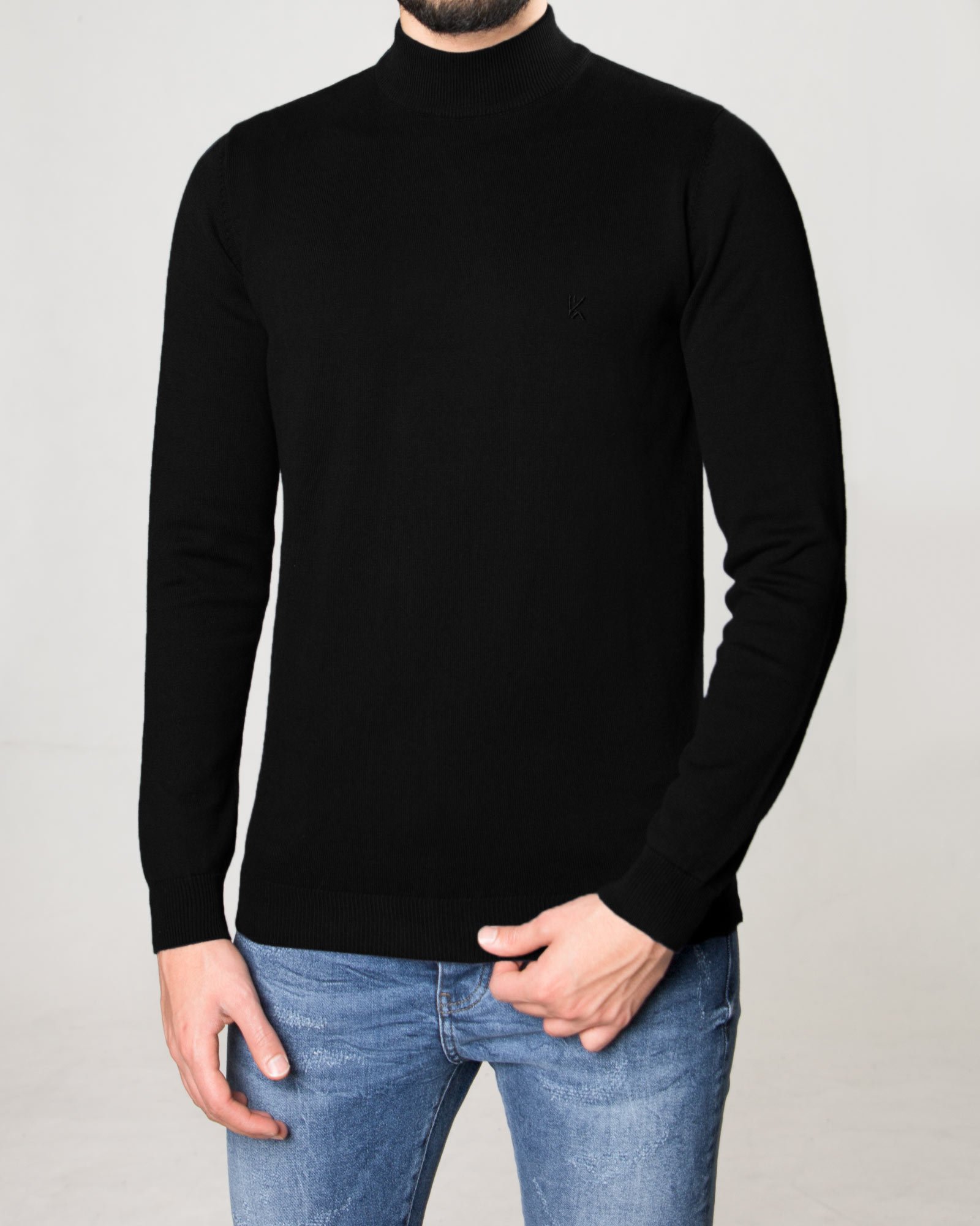 پلیور بافت مردانه آستین بلند ساده - مشکی - رو به رو