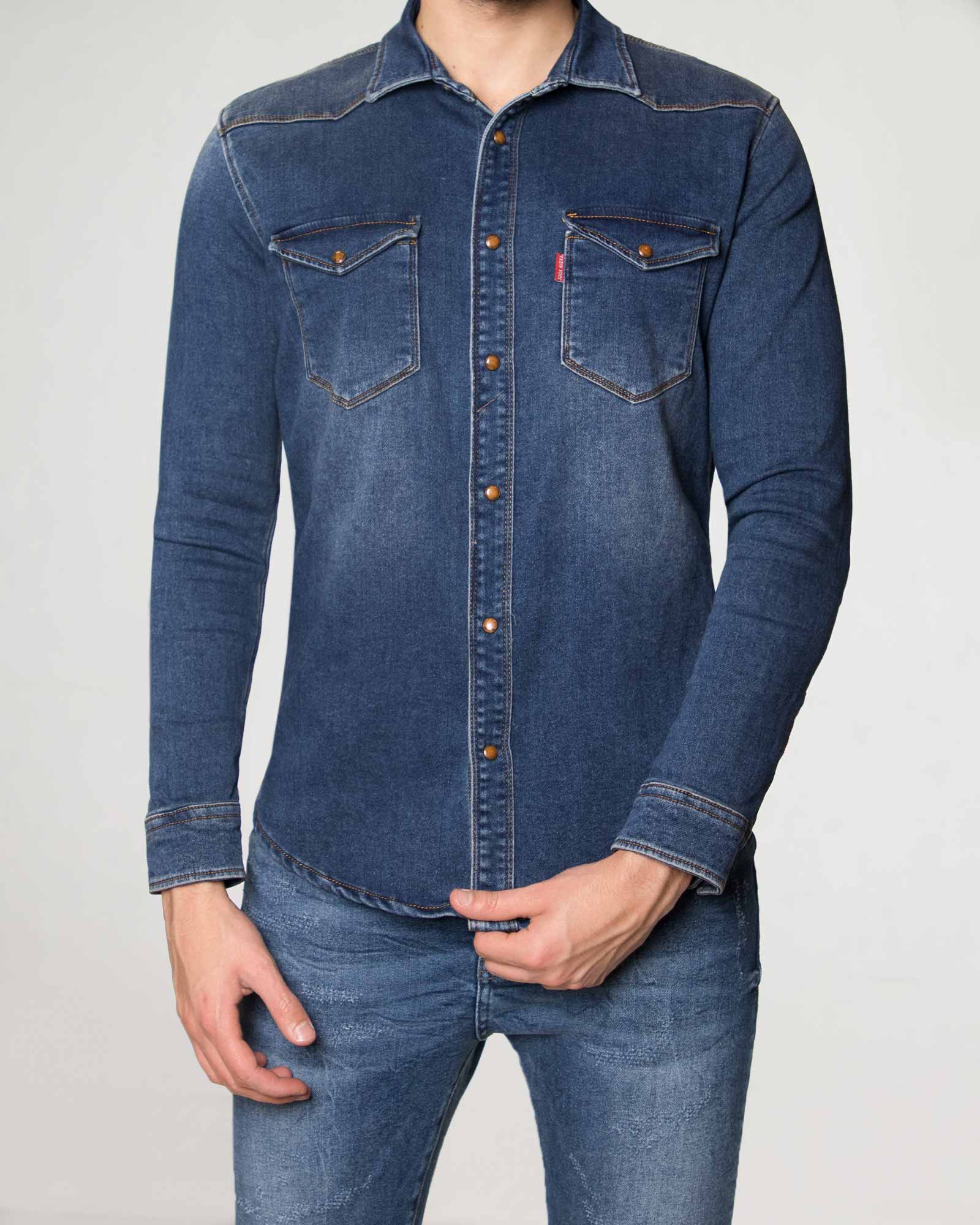 پیراهن مردانه جین آستین بلند - آبی تیره - رو به رو