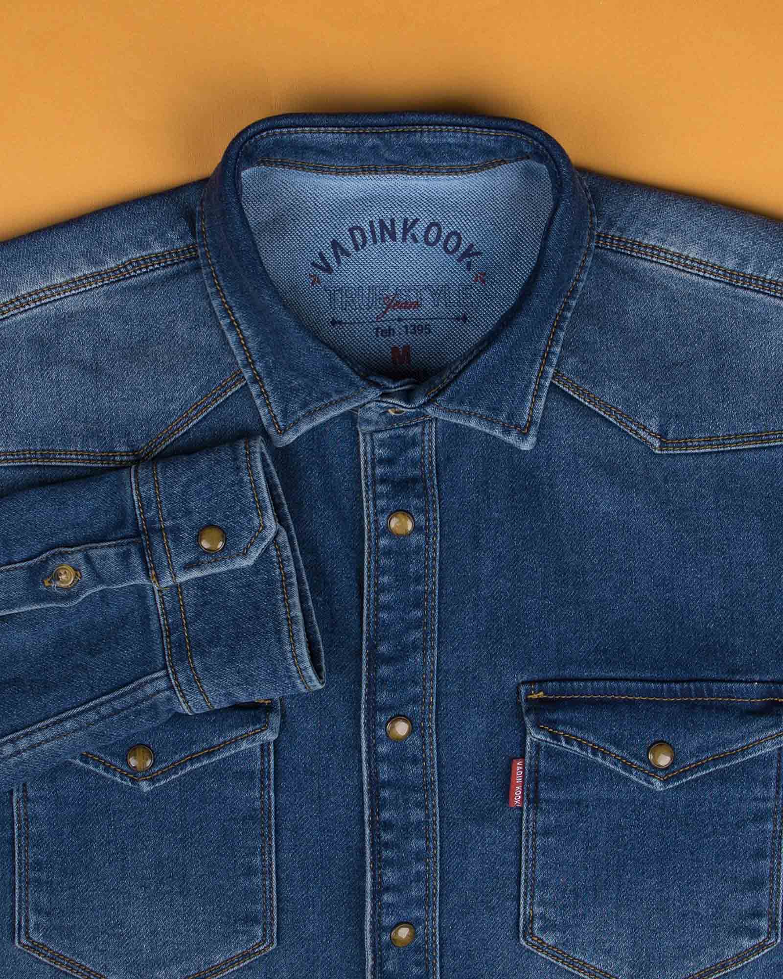 پیراهن مردانه جین آستین بلند - آبی تیره - پیراهن جیب دار وادین کوک