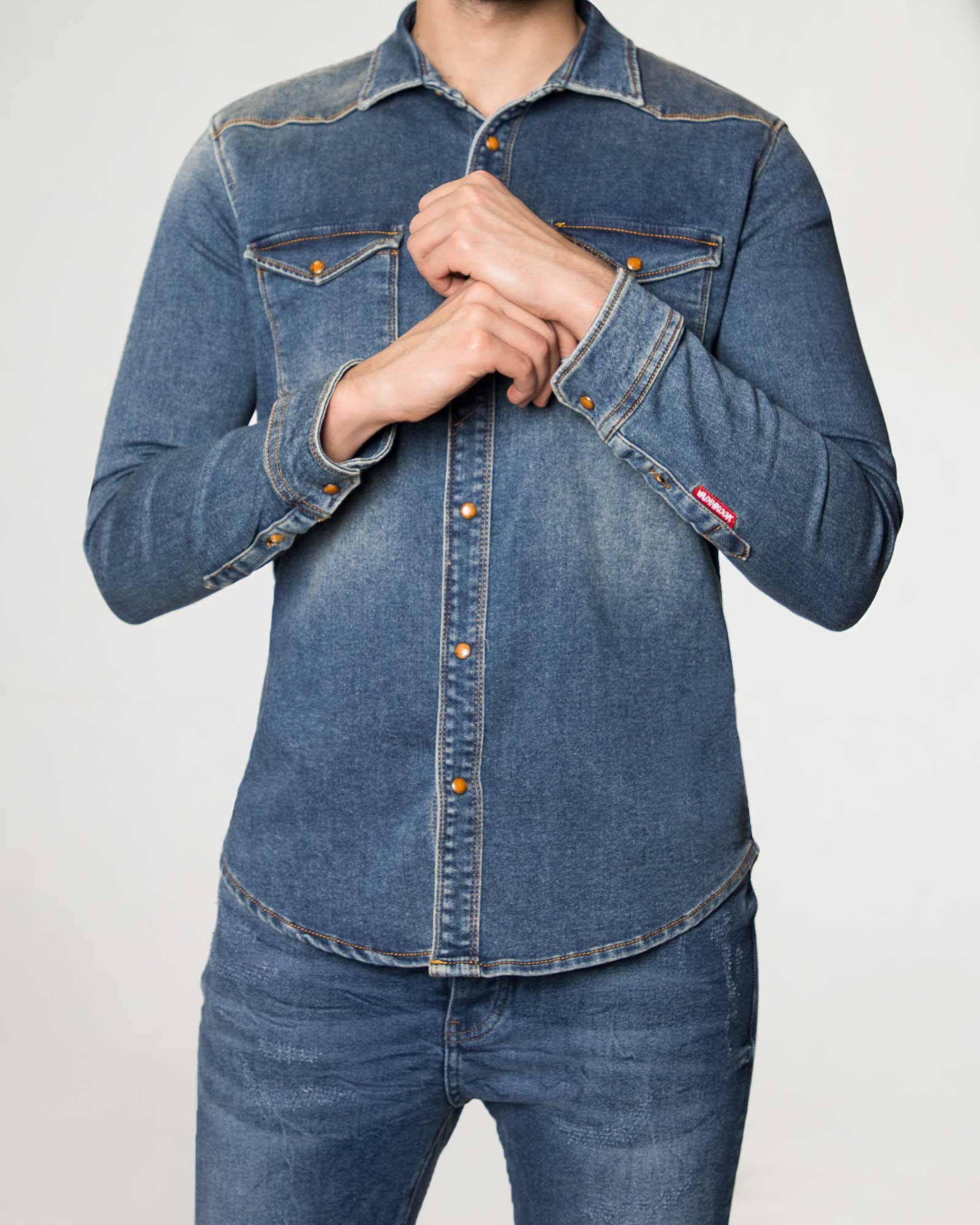 پیراهن مردانه جین آستین بلند - آبی - رو به رو