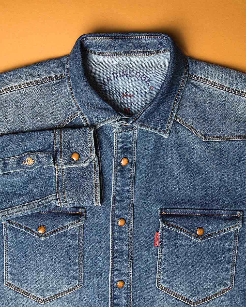 پیراهن مردانه جین آستین بلند - آبی - پیراهن جیب دار وادین کوک