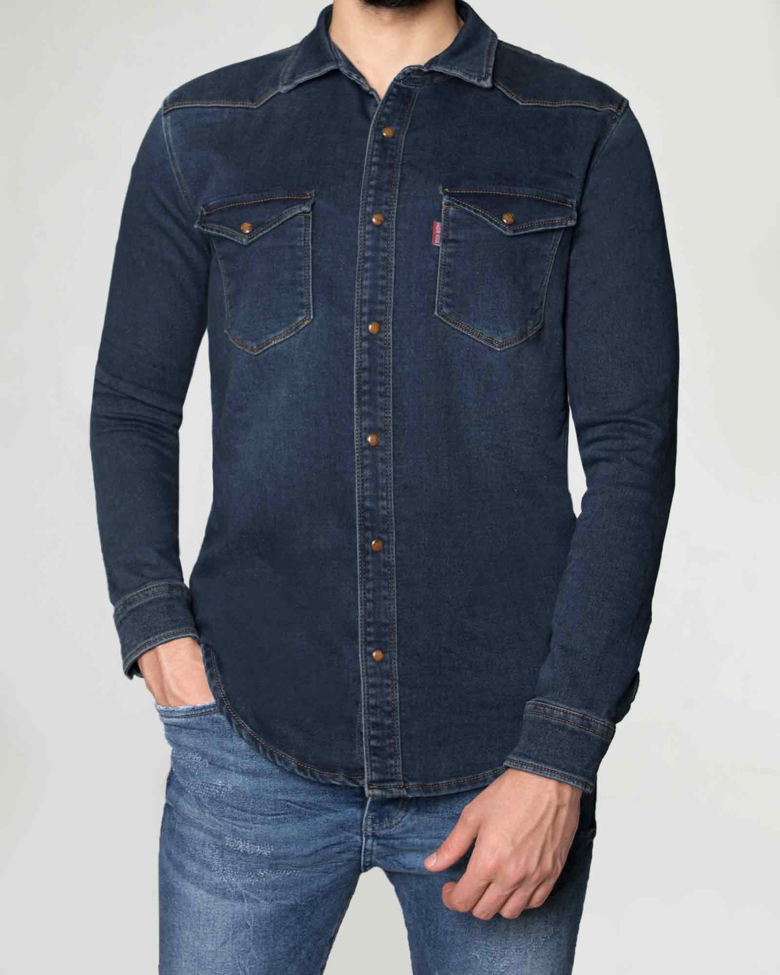 پیراهن مردانه جین آستین بلند - آبی کاربنی - رو به رو