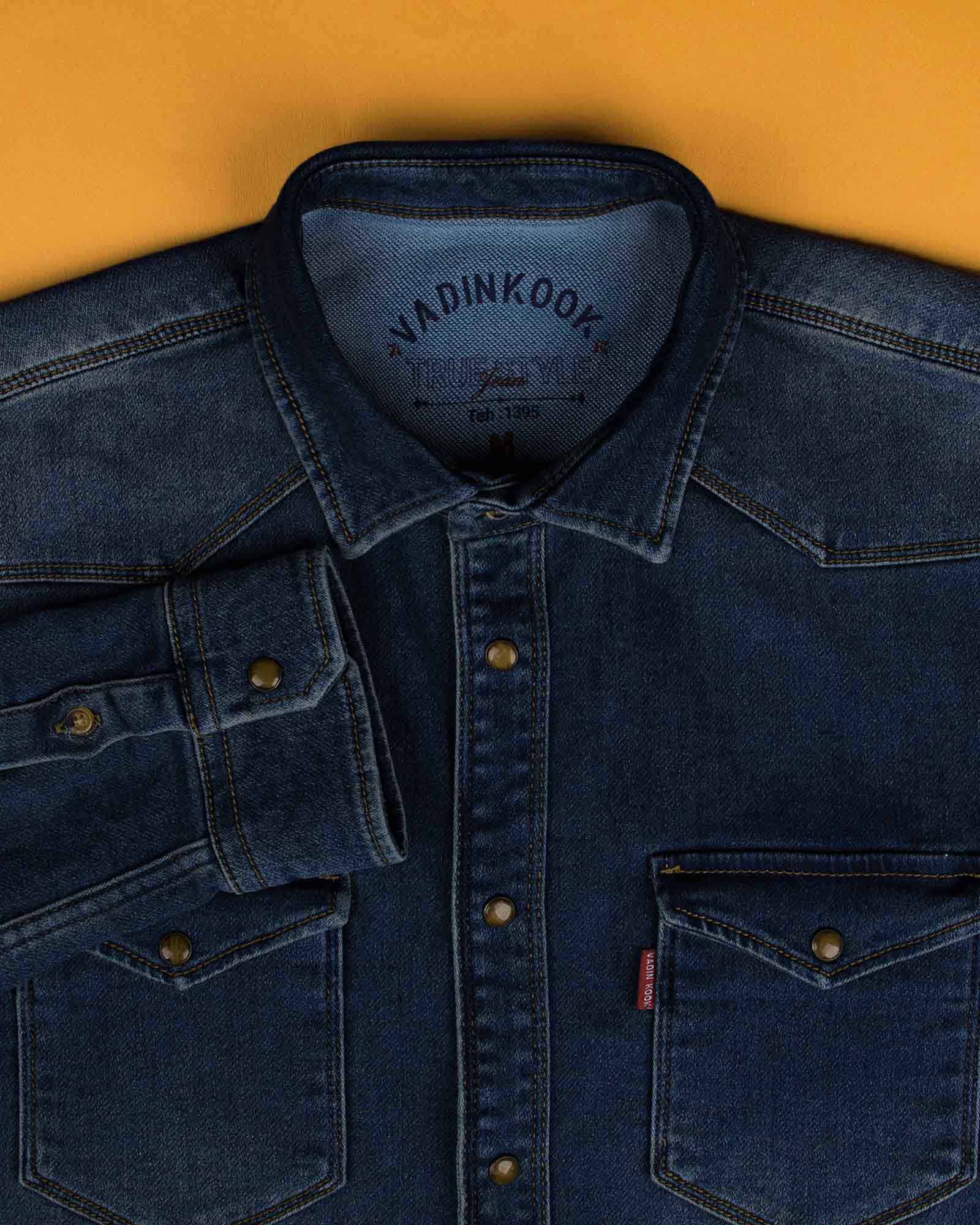 پیراهن مردانه جین آستین بلند - آبی کاربنی - پیراهن جیب دار وادین کوک