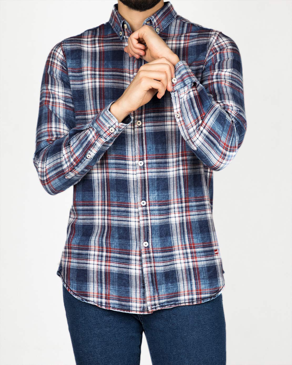 پیراهن مردانه جین چهارخانه - آبی قرمز - رو به رو