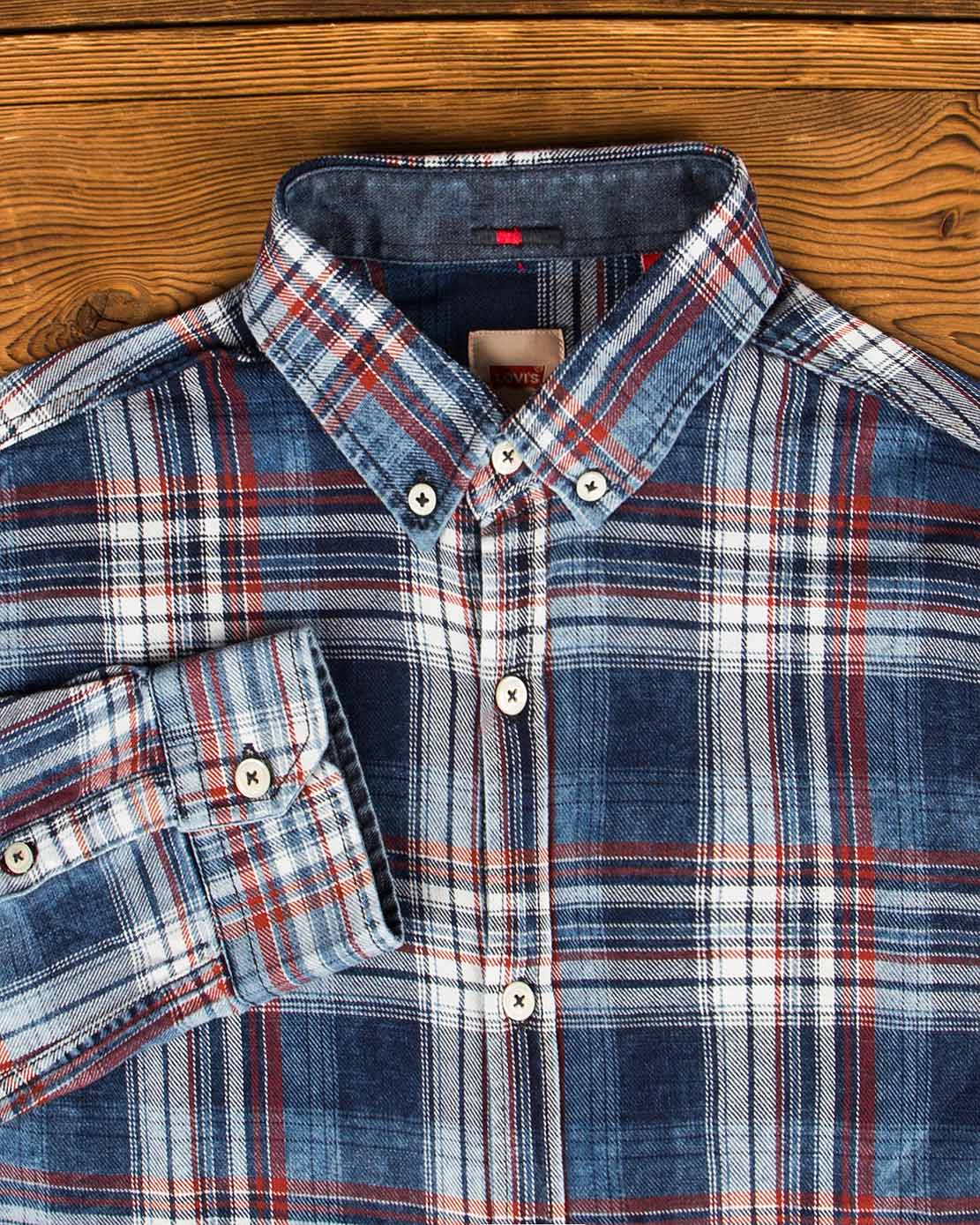 پیراهن مردانه جین چهارخانه - آبی قرمز - یقه مردانه