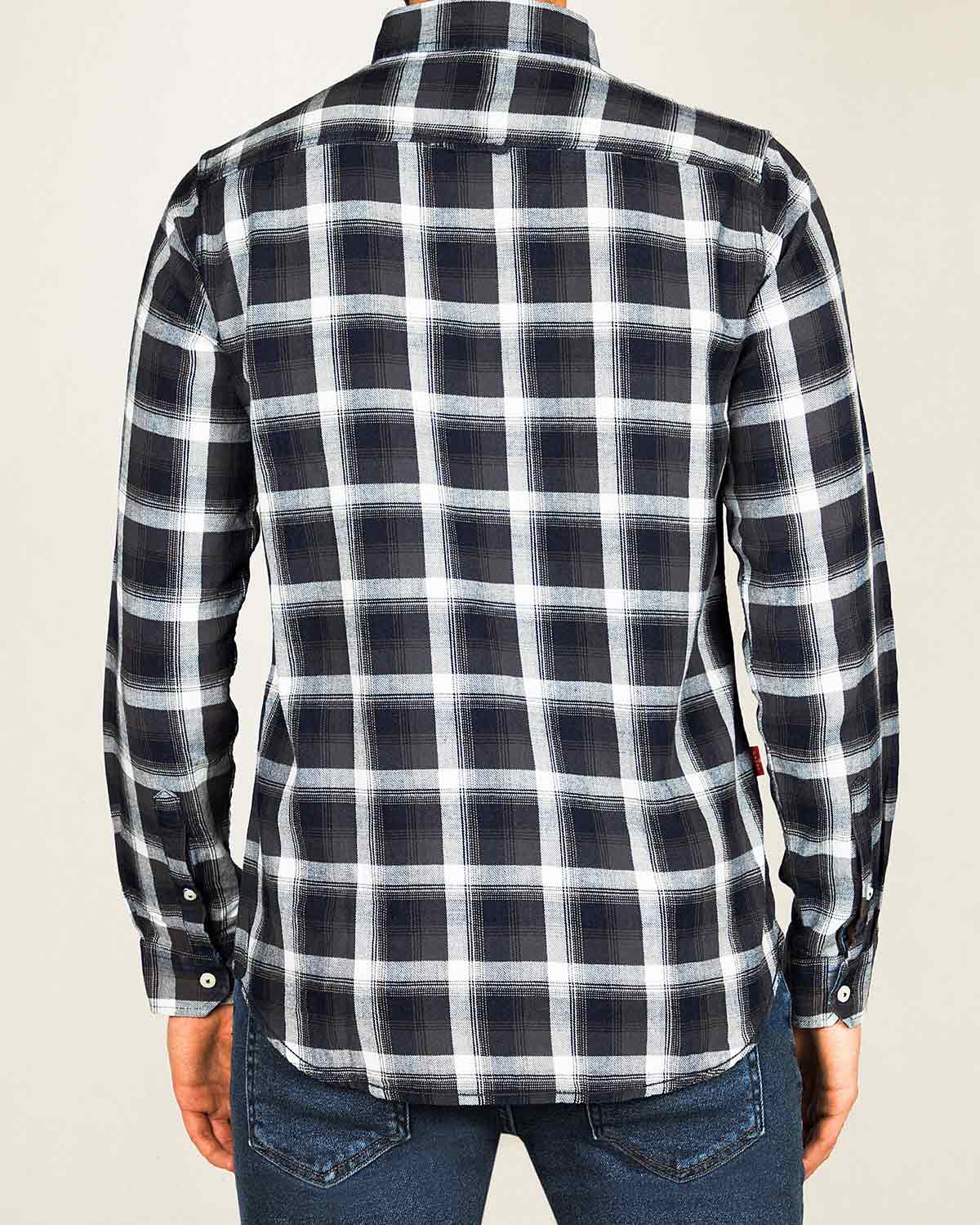 پیراهن مردانه جین چهارخانه - دودی سفید - پشت