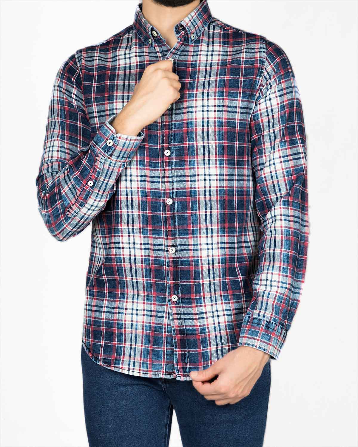 پیراهن مردانه جین چهارخانه - سرمه‌ای سفید قرمز - رو به رو