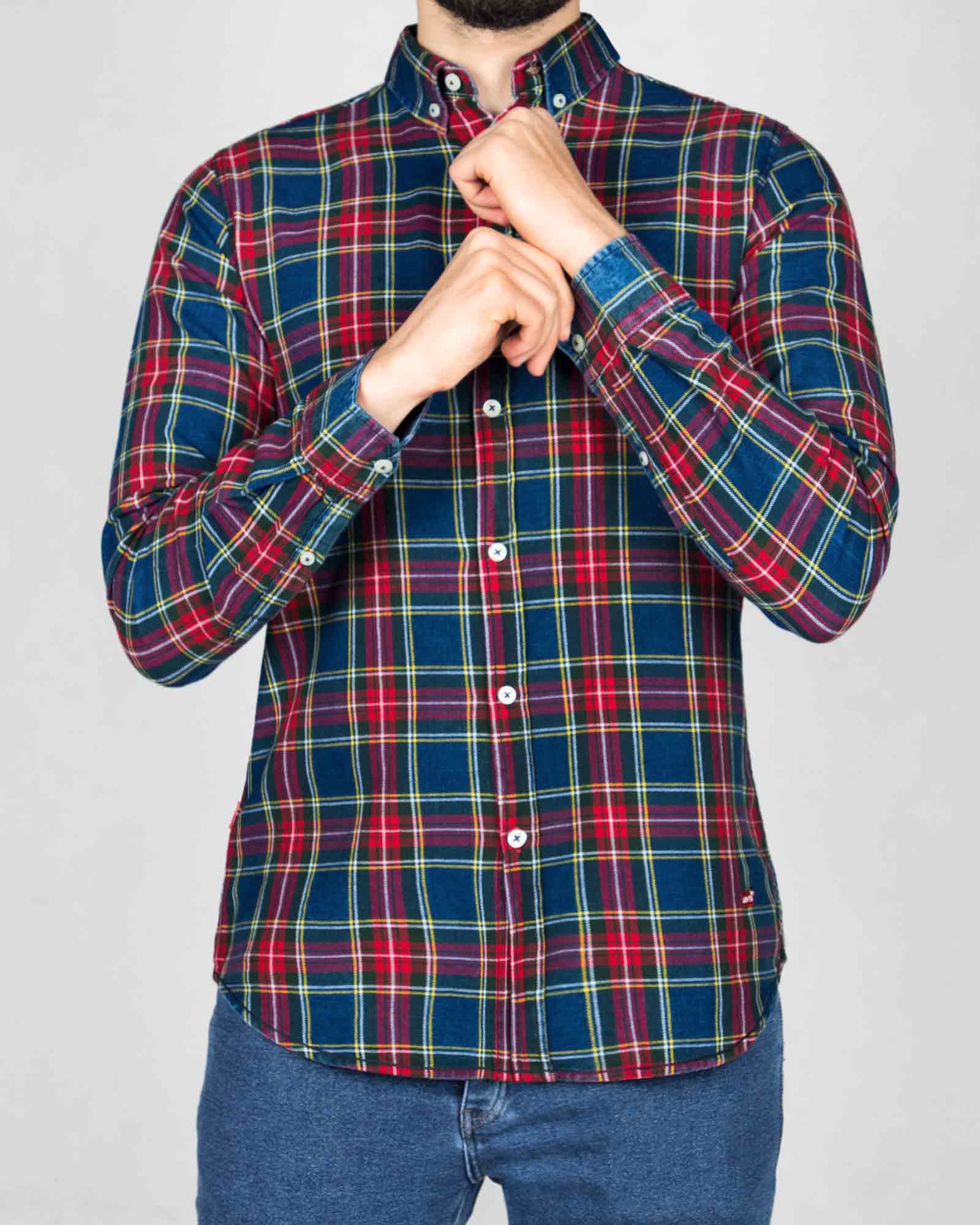 پیراهن مردانه جین چهارخانه - سرمه‌ای قرمز - رو به رو