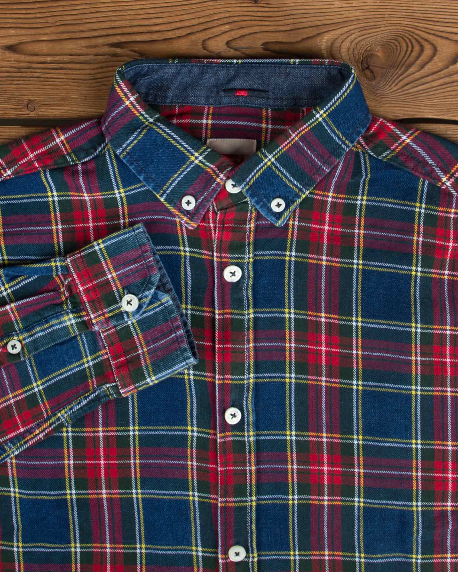 پیراهن مردانه جین چهارخانه - سرمه‌ای قرمز - یقه مردانه