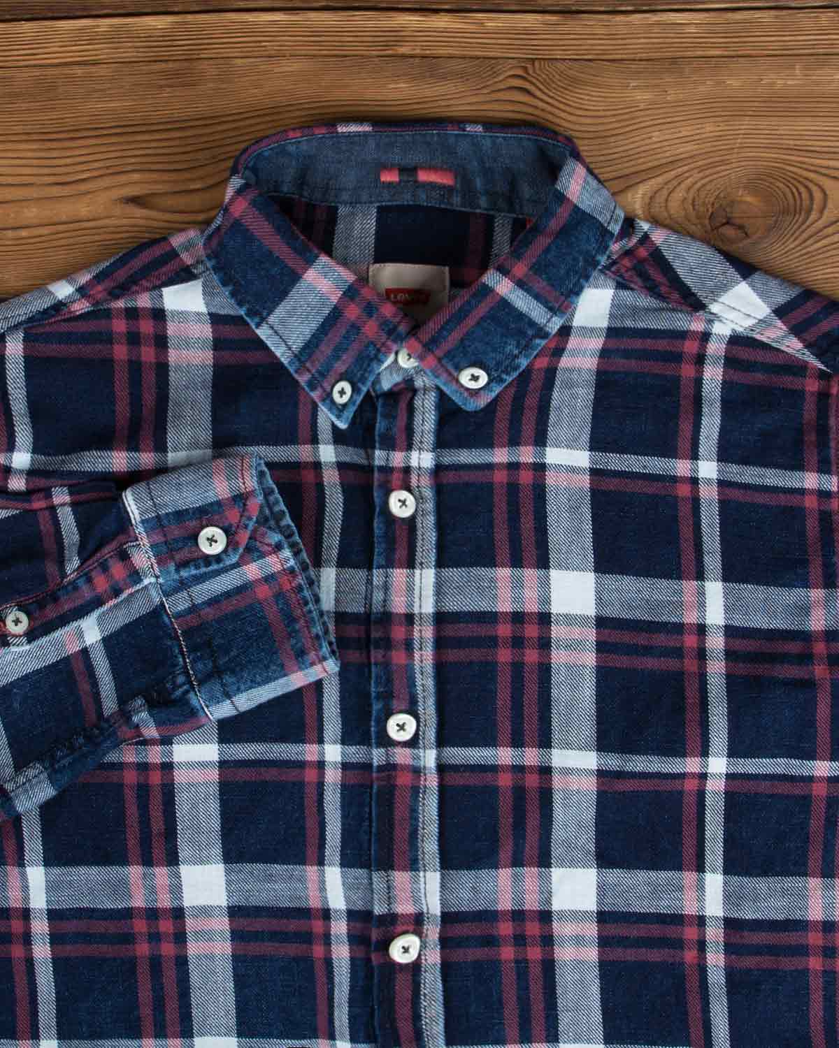 پیراهن مردانه جین چهارخانه - سرمه‌ای‌تیره سفید قرمز - یقه مردانه
