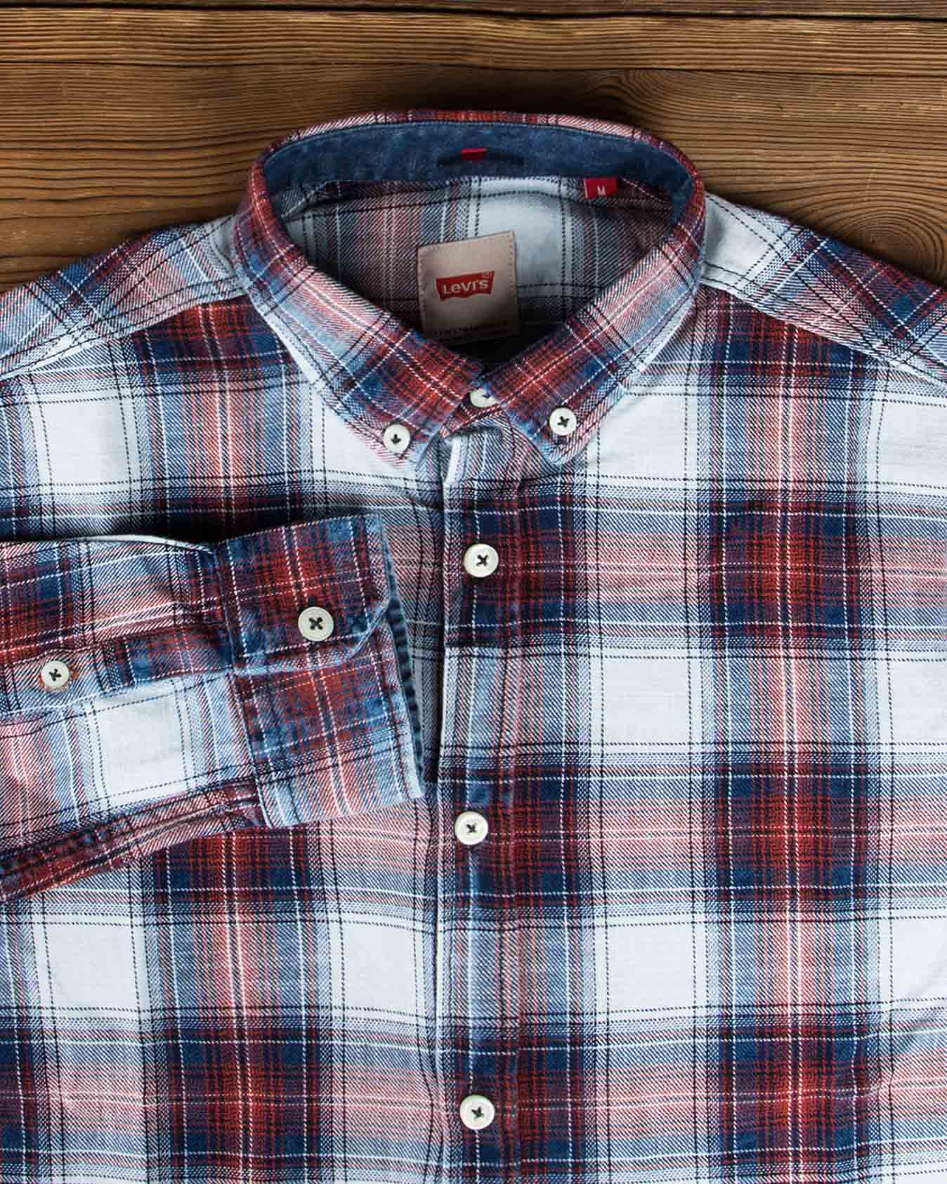 پیراهن مردانه جین چهارخانه - سفید زرشکی - یقه مردانه