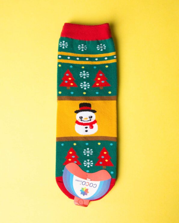 جوراب نخی آدم برفی کریسمسی - خردلی - ساق کوتاه