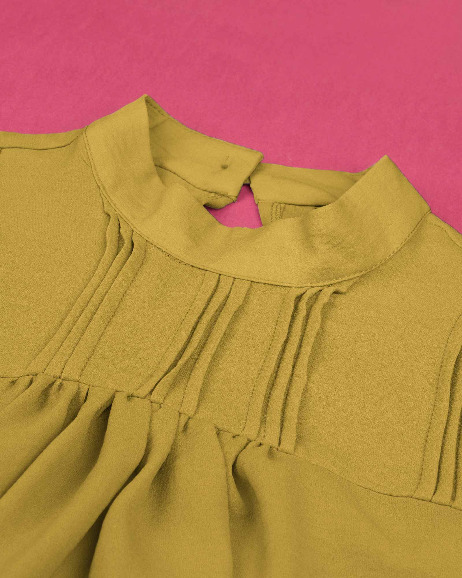 شومیز آستین بلند پلیسه‌دار - خردلی - یقه سه سانت و چین‌دار