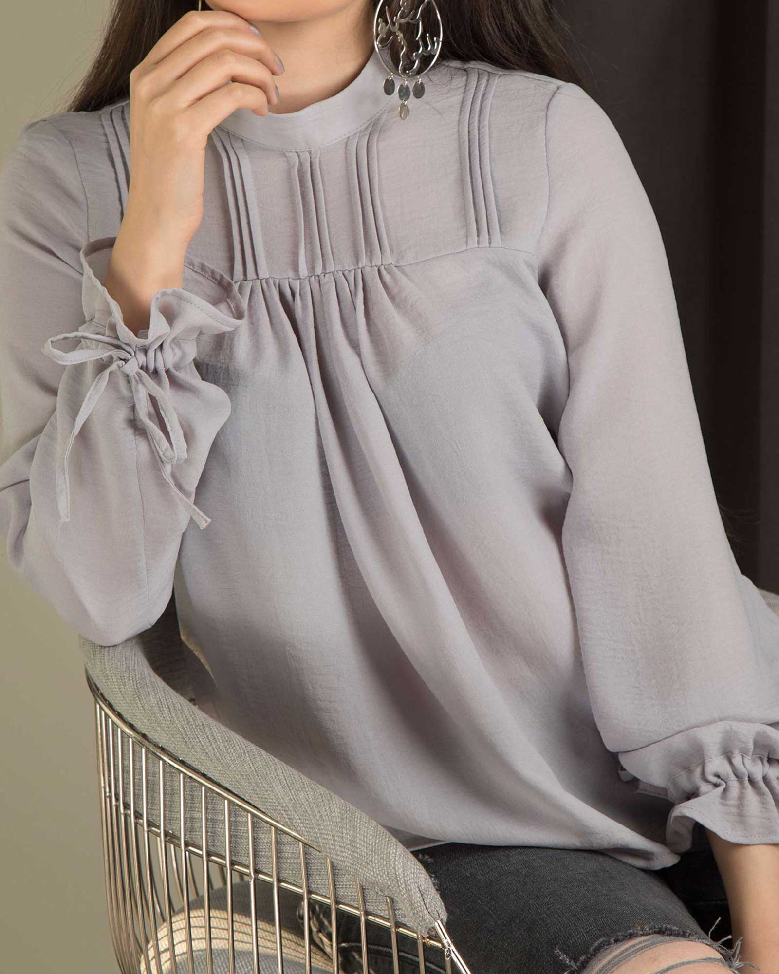 شومیز آستین بلند پلیسه‌دار - طوسی - زنانه