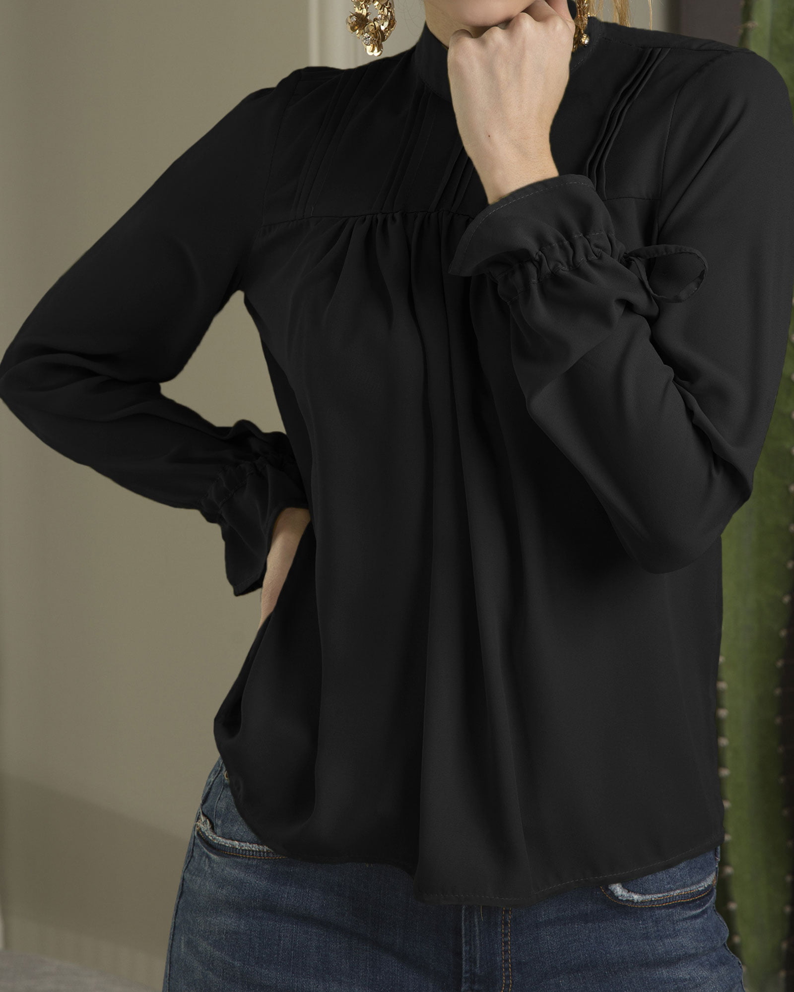 شومیز آستین بلند پلیسه‌دار - مشکی - دخترانه