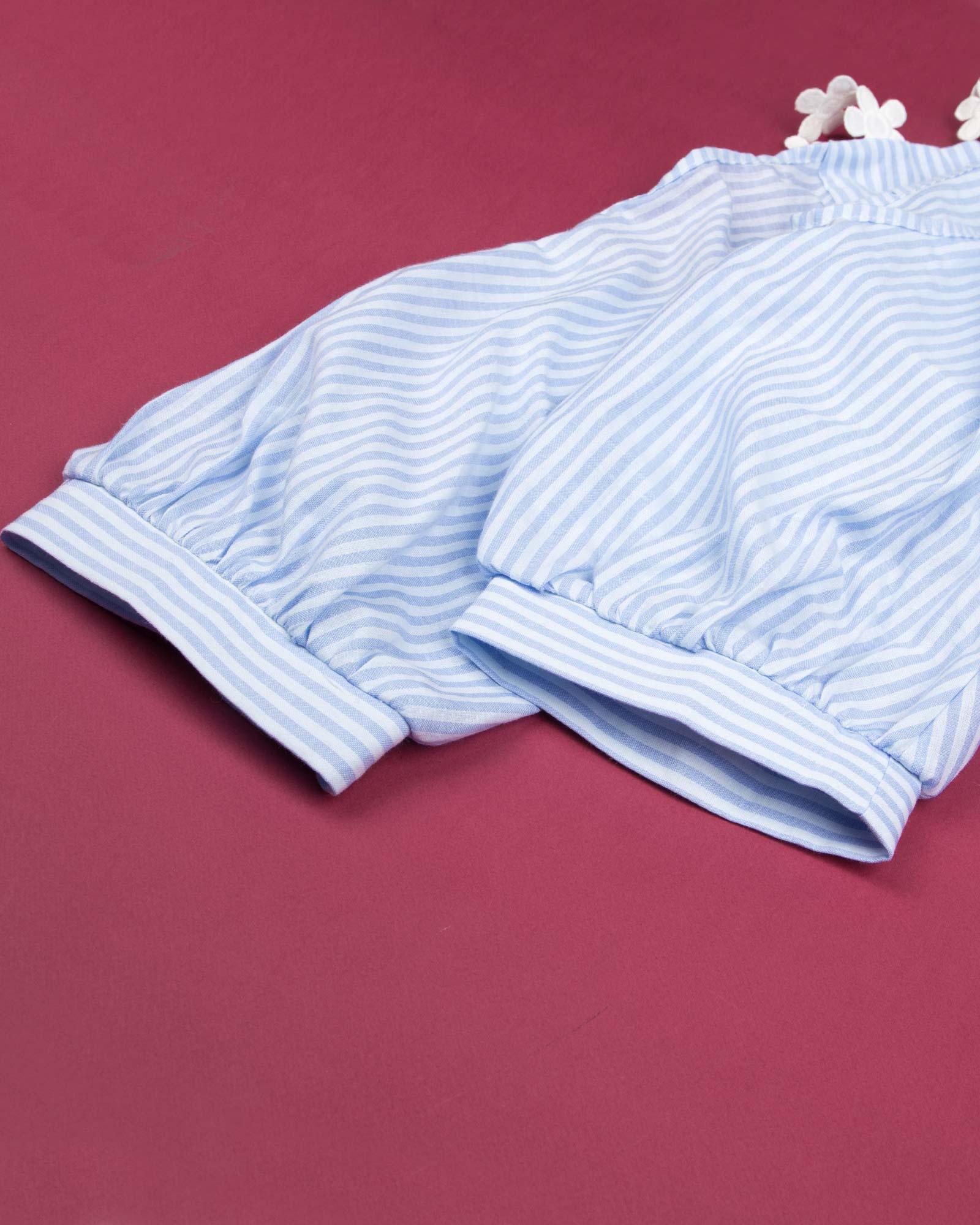 شومیز سرشانه باز بندی - آبی آسمانی - آستین سه ربع