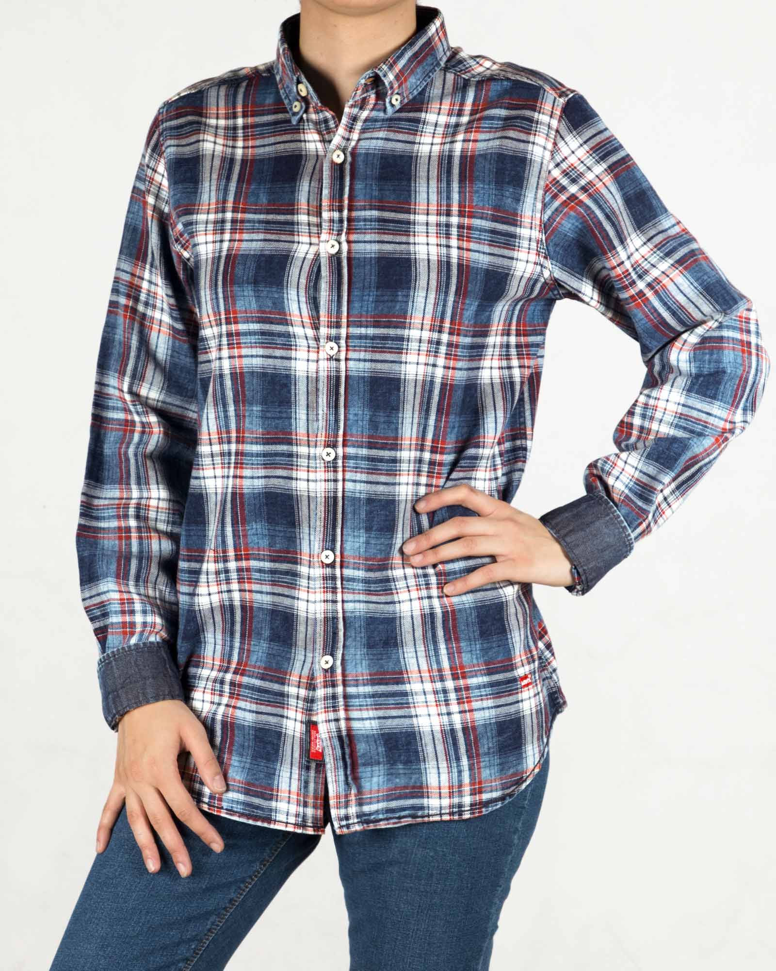 شومیز چهارخانه جین - آبی قرمز - رو به رو