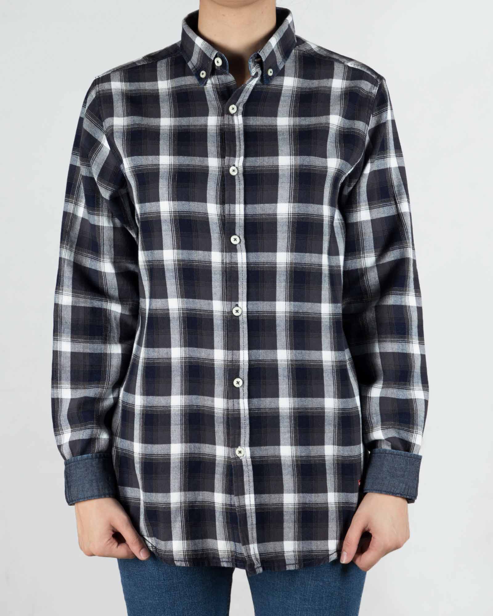 شومیز چهارخانه جین - دودی سفید - رو به رو