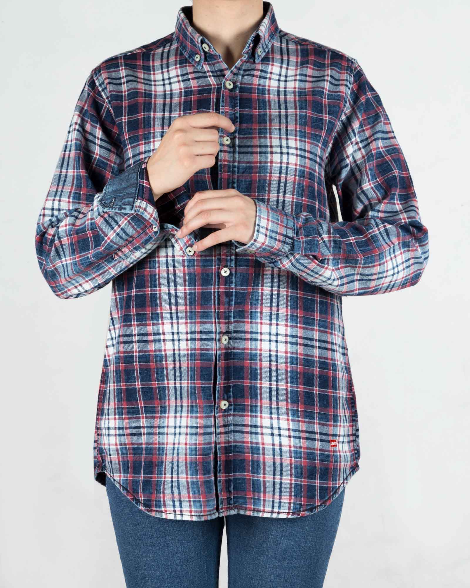 شومیز چهارخانه جین - سرمه‌ای سفید قرمز - رو به رو