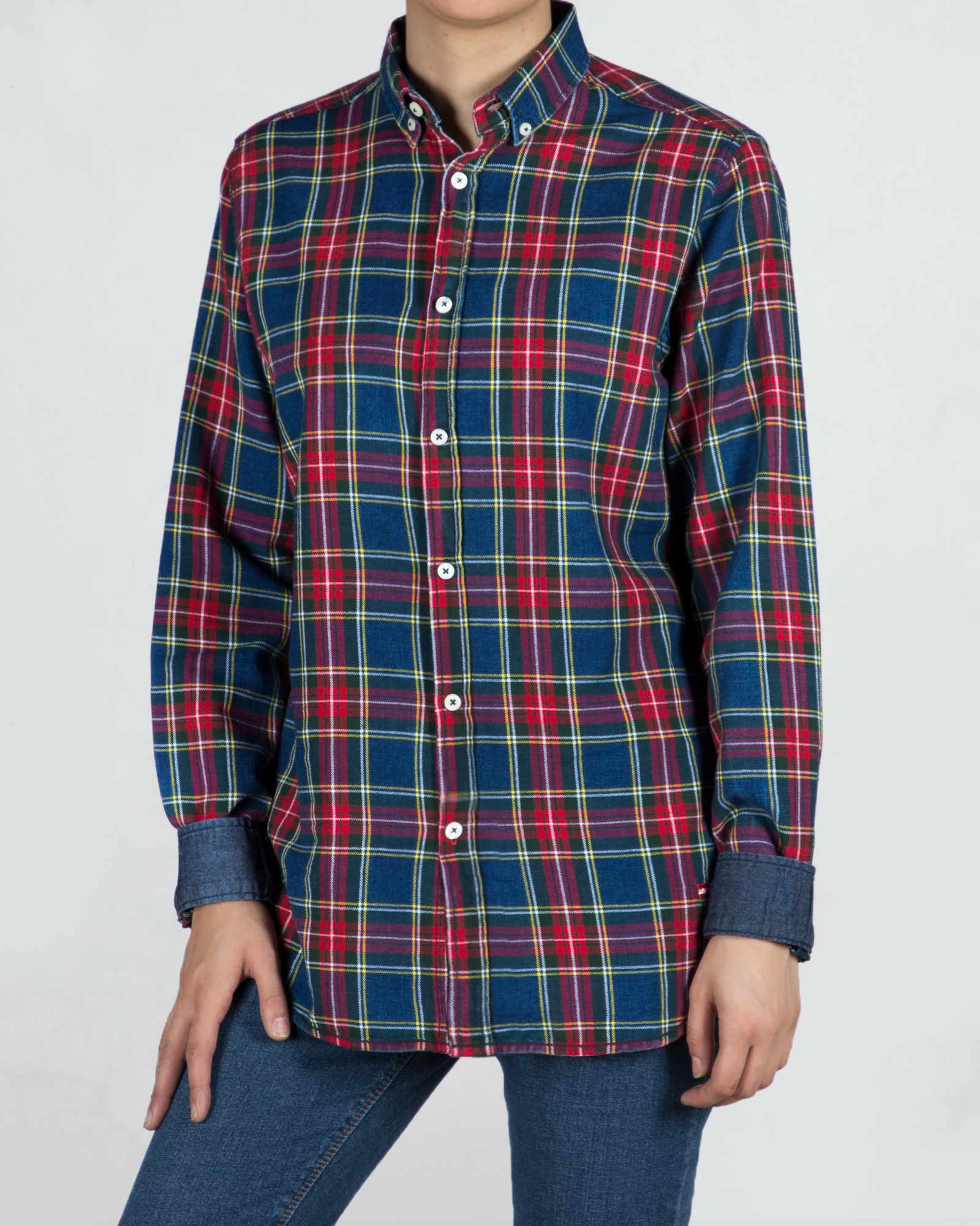 شومیز چهارخانه جین - سرمه‌ای قرمز - رو به رو