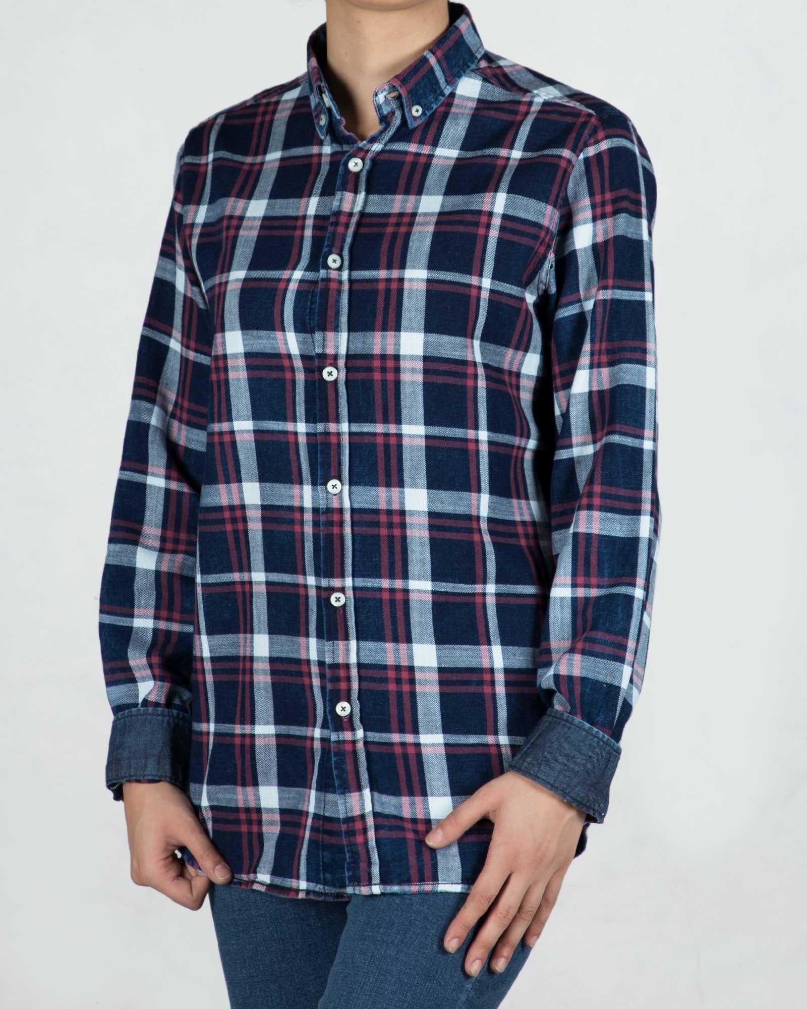 شومیز چهارخانه جین - سرمه‌ای‌تیره سفید قرمز - رو به رو