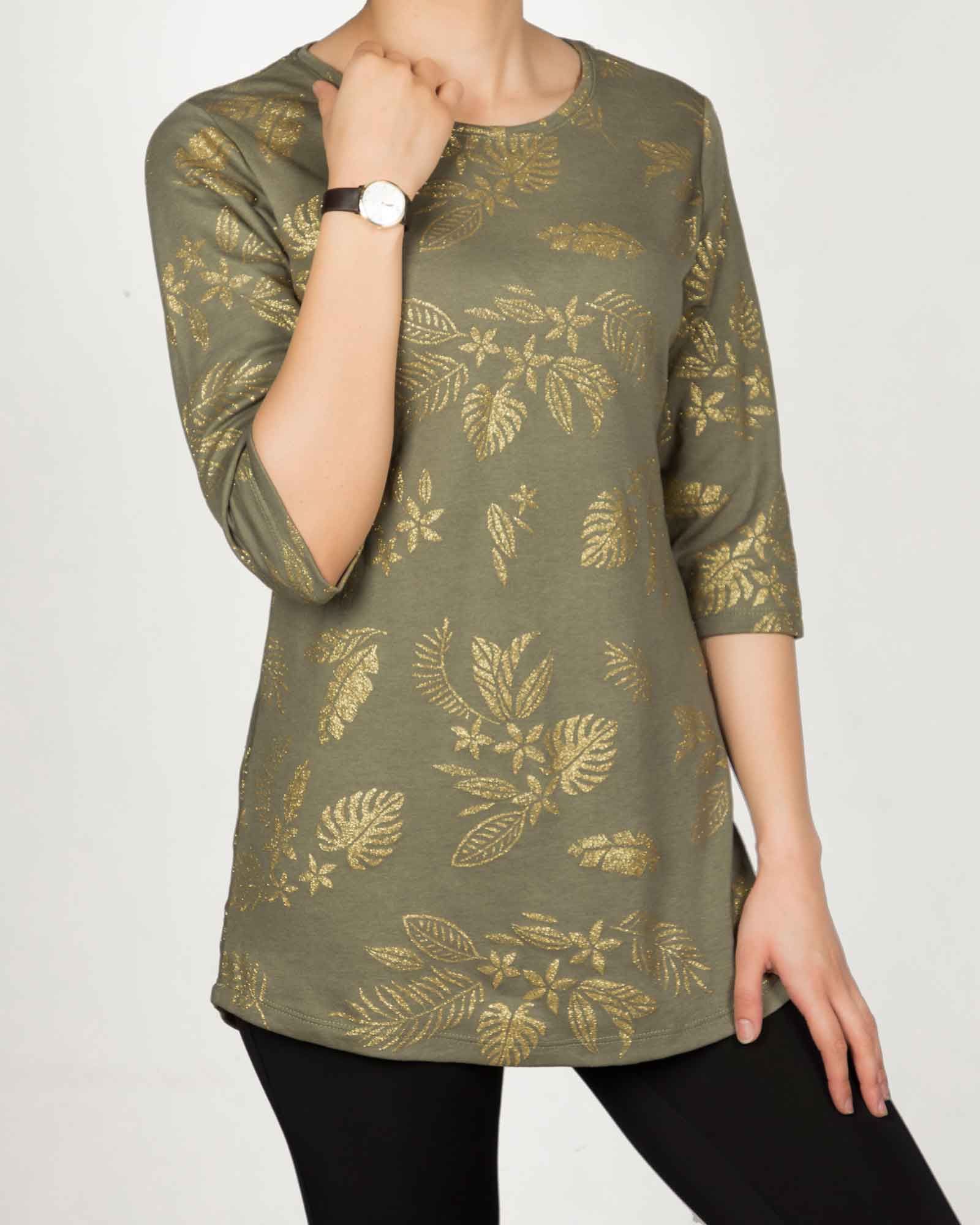 تونیک زنانه طرح برگ و گل - زیتونی - رو به رو