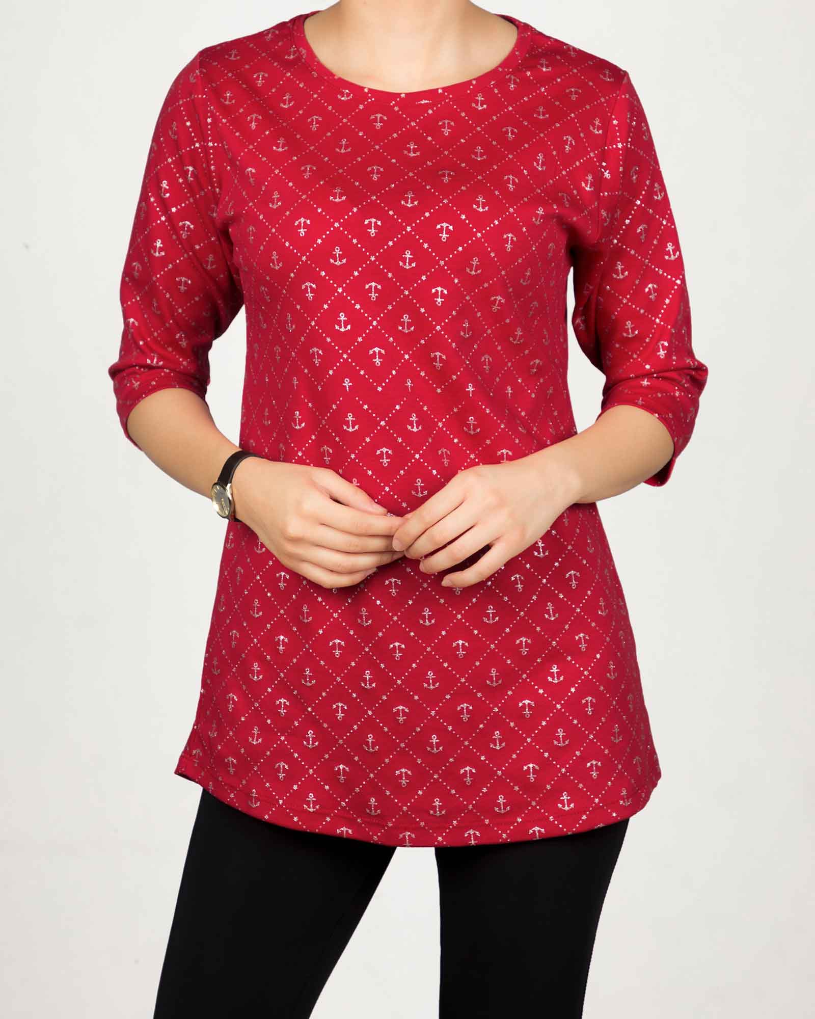 تونیک زنانه یقه گرد طرح‌دار - قرمز - رو به رو
