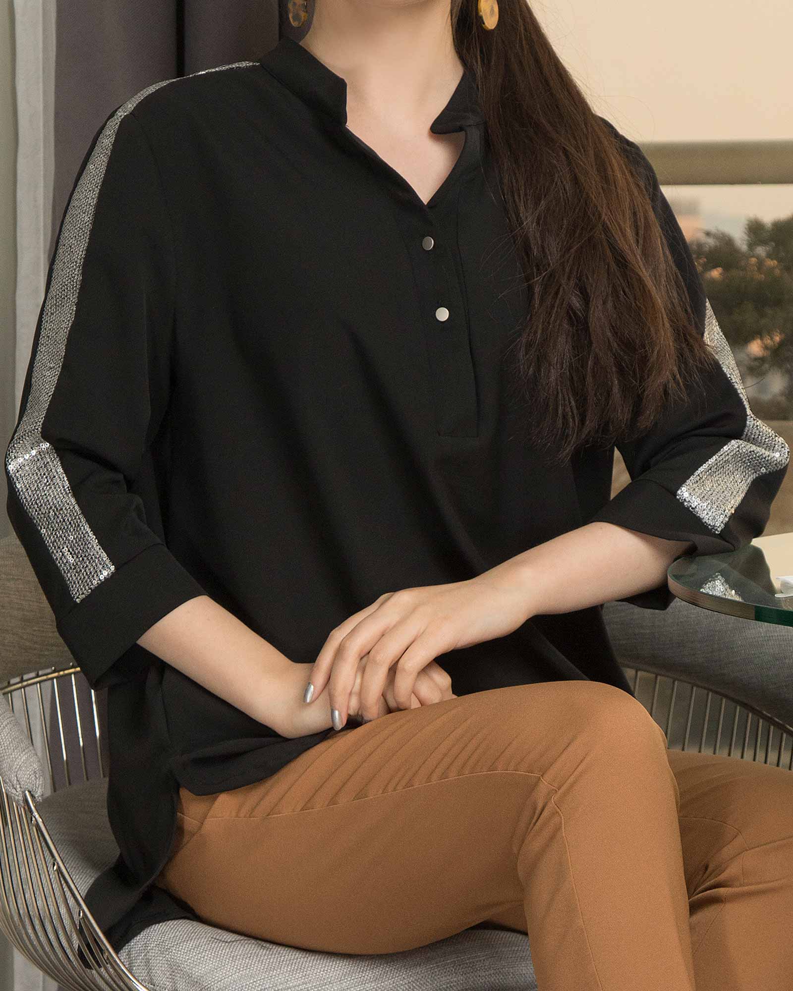 شومیز مجلسی سایز بزرگ کرپ - دخترانه-مشکی