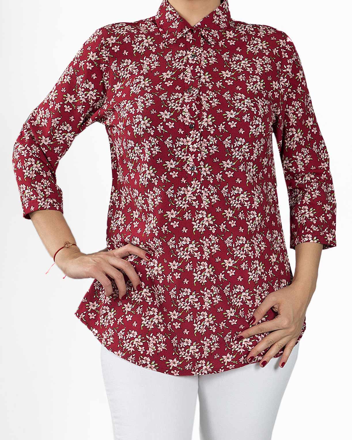 شومیز گل گلی حریر - شرابی - رو به رو