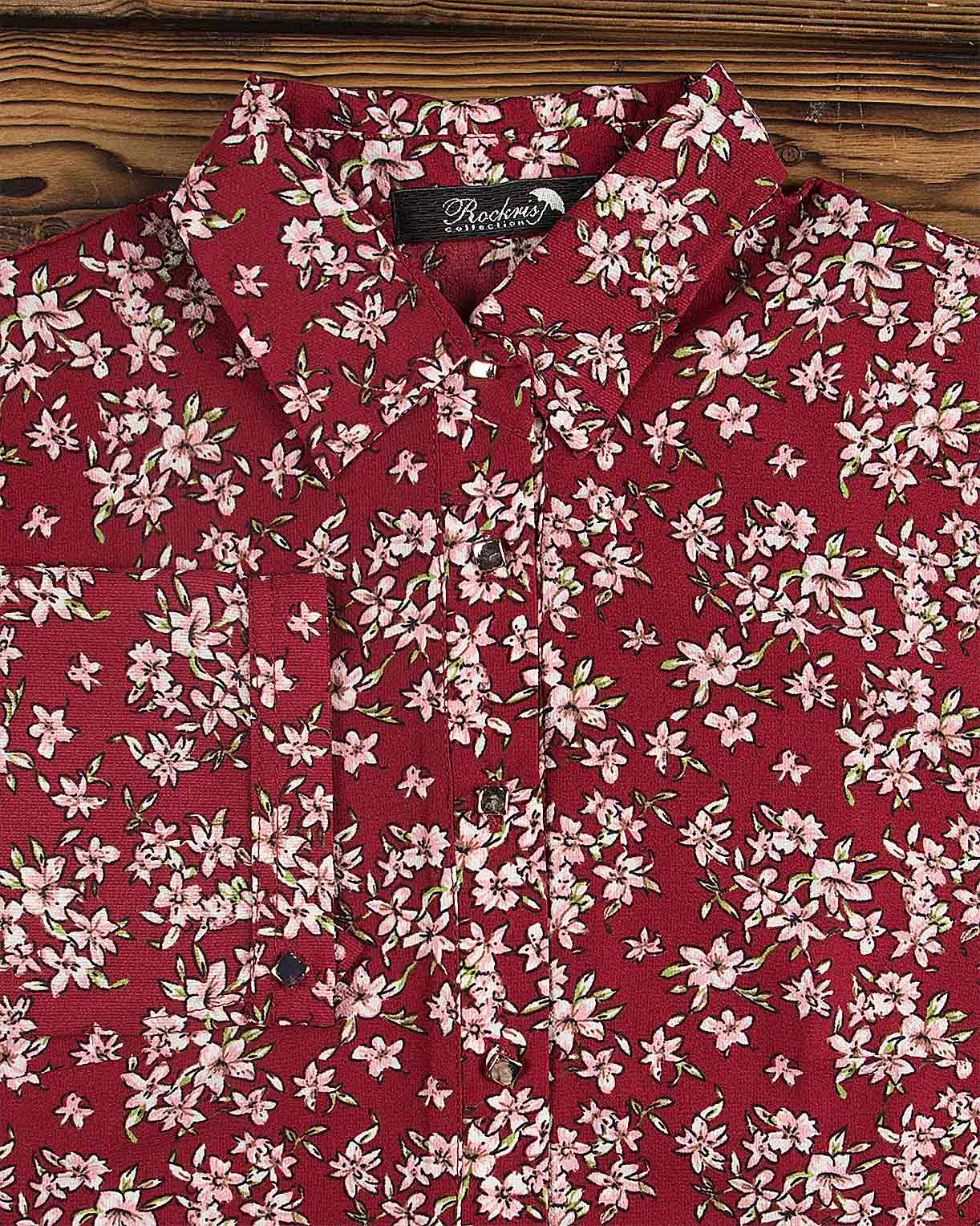 شومیز گل گلی حریر - شرابی - یقه مردانه