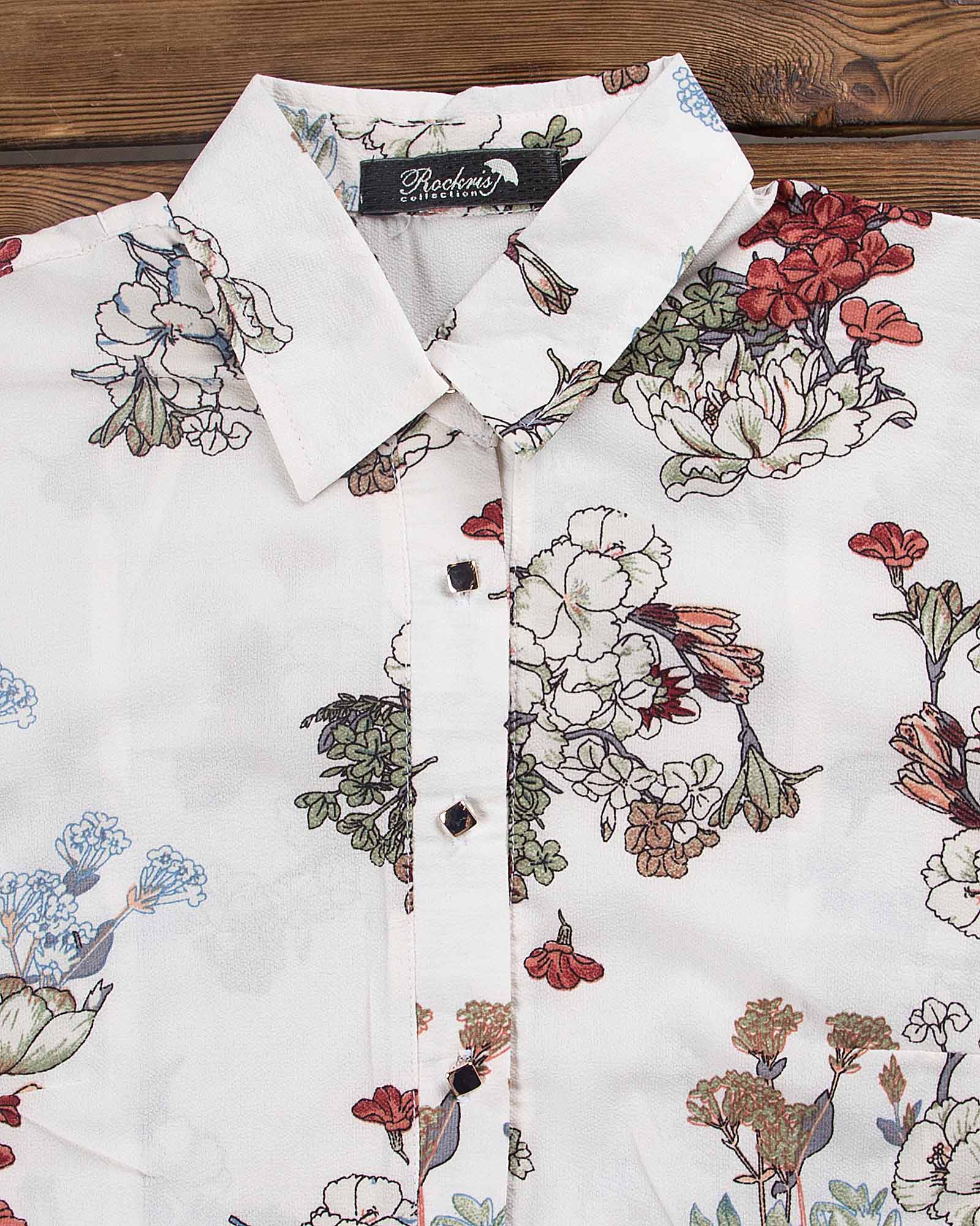 شومیز گل گلی حریر - شیری - یقه مردانه