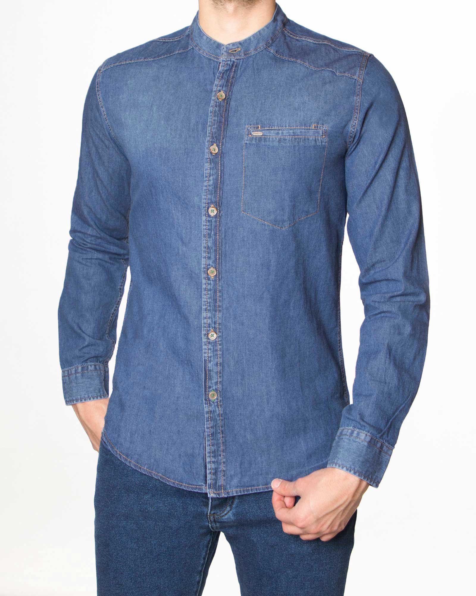 پیراهن جین آستین بلند مردانه - آبی تیره - رو به رو