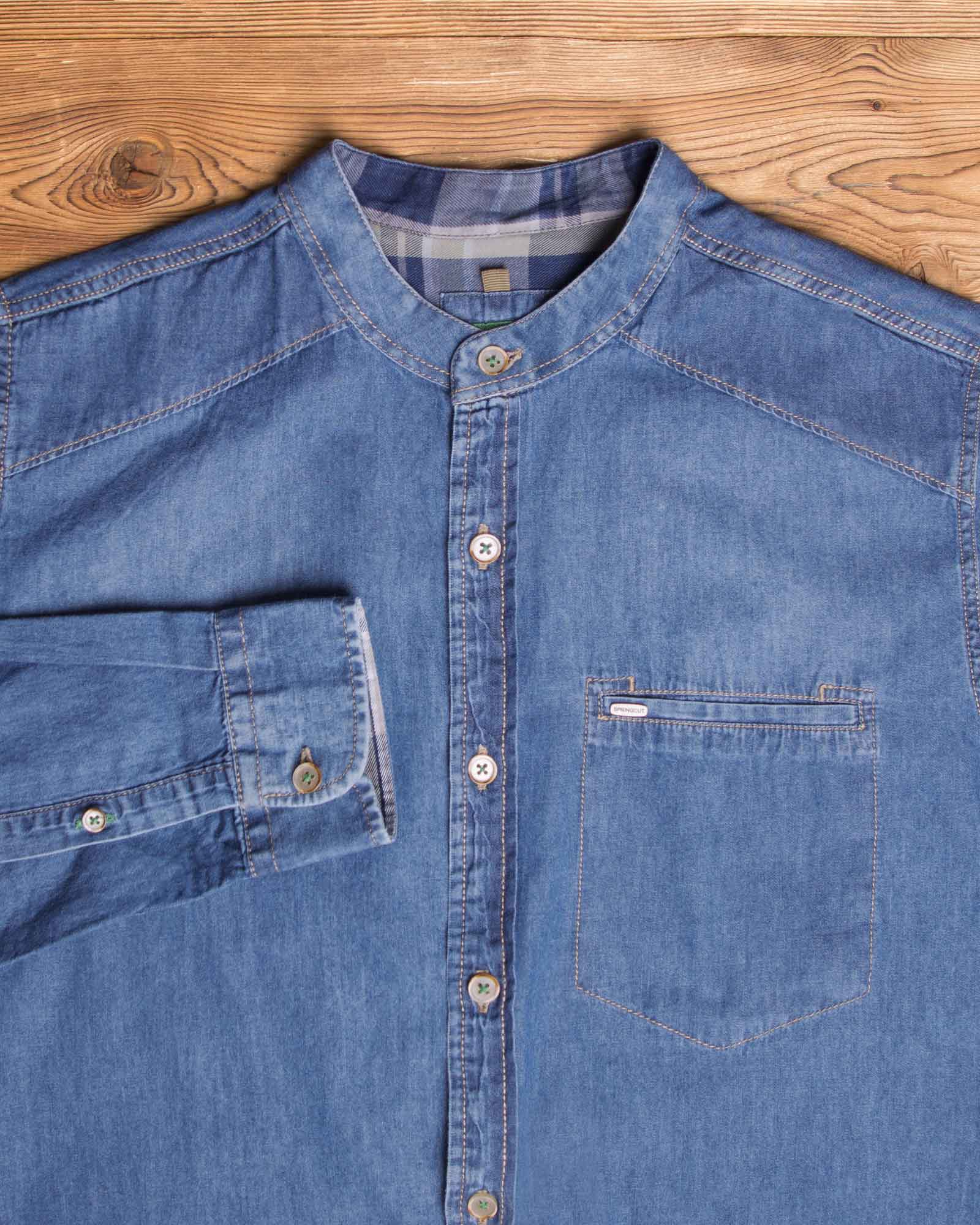 پیراهن جین آستین بلند مردانه - آبی تیره - یقه دیپلمات