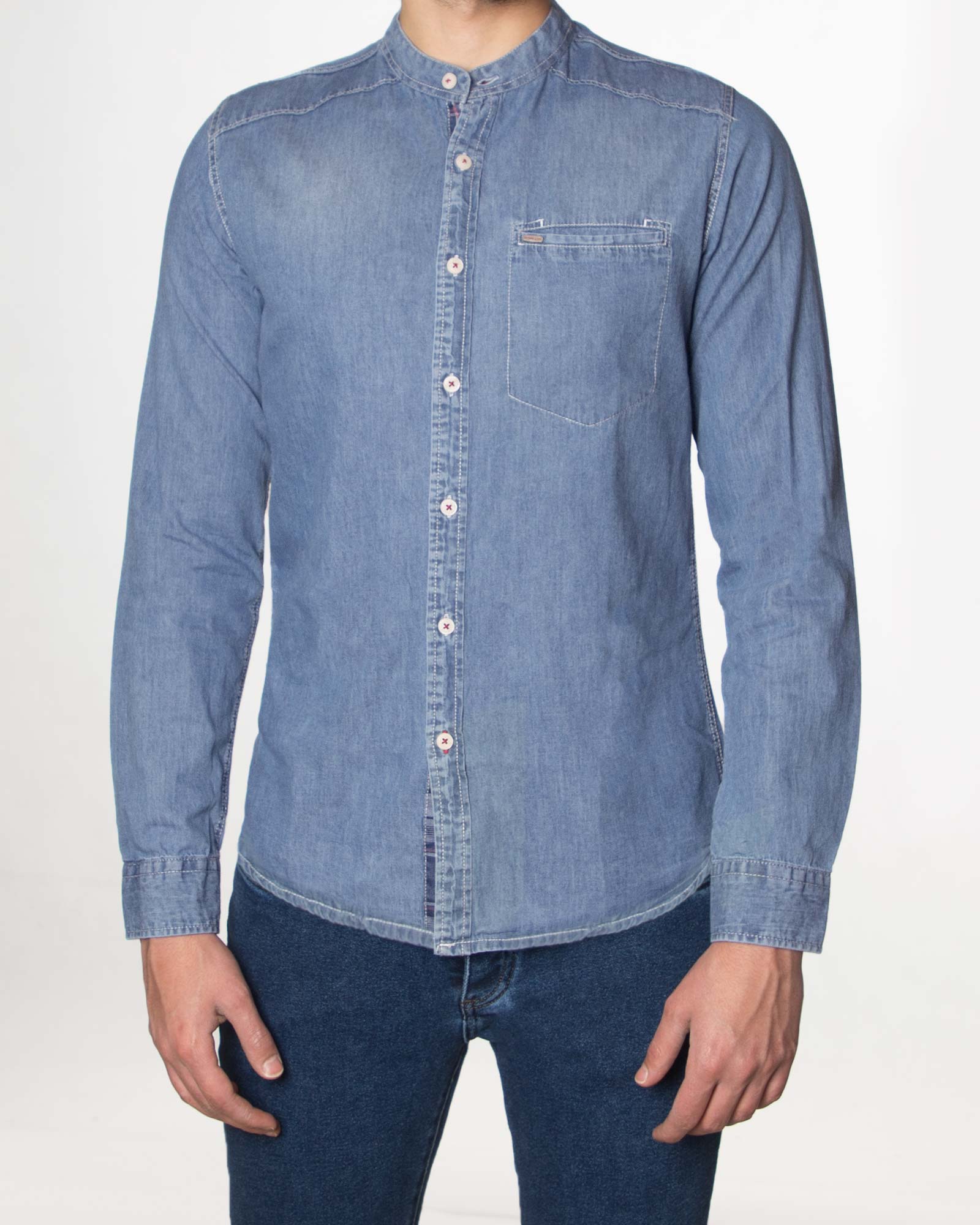 پیراهن جین آستین بلند مردانه - آبی - رو به رو