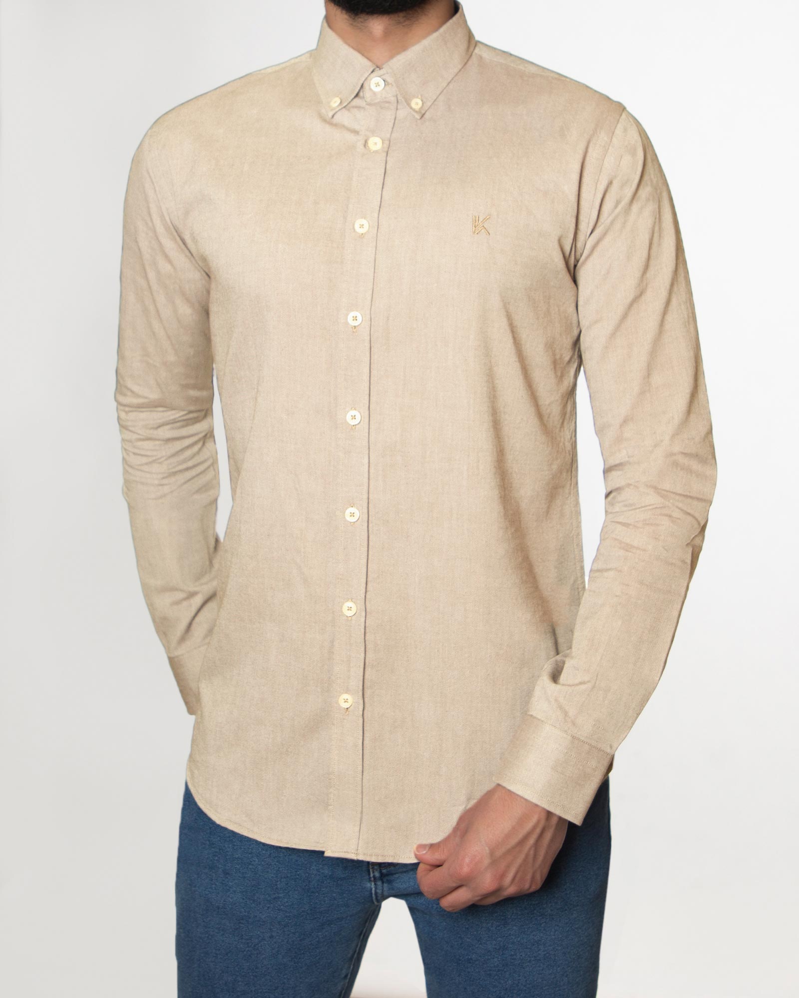 پیراهن مردانه نخی - بژ - رو به رو