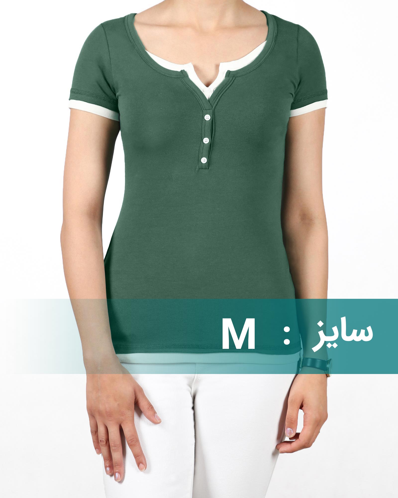 تیشرت دکمه دار ساده زنانه - سبز خزه‌اى
