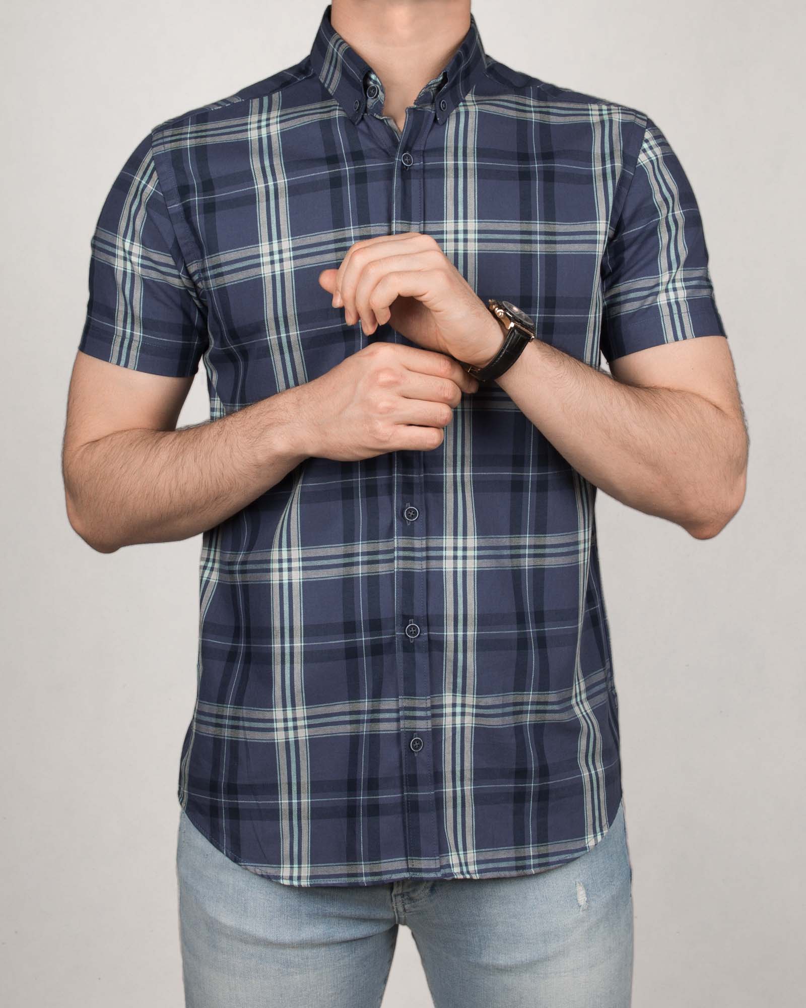 پیراهن آستین کوتاه مردانه- آبی بنفش تیره- روبرو