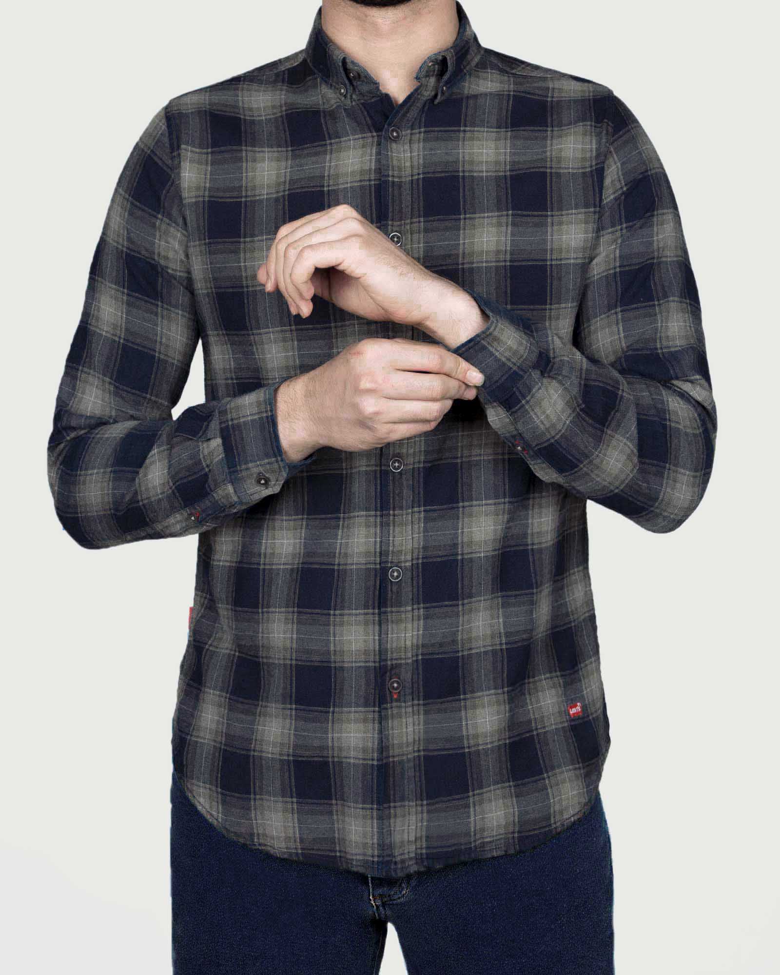 پیراهن مردانه چهارخانه درشت طوسی- روبه-رو