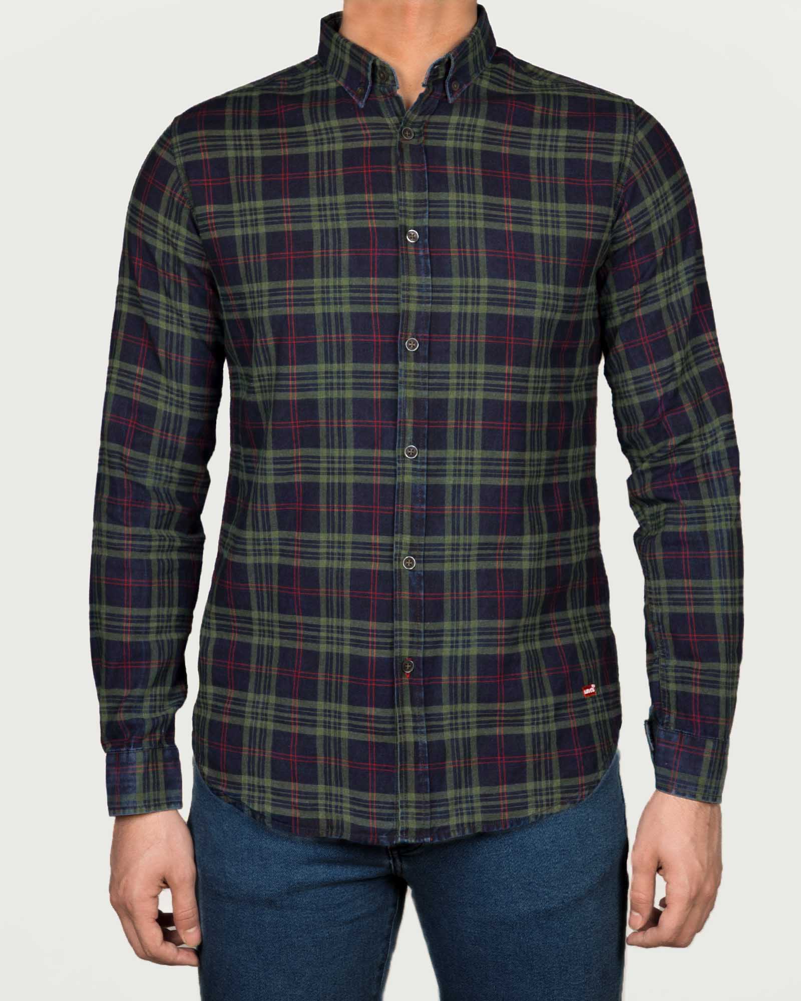 پیراهن مردانه چهارخانه سرمه ای تیره- روبه-رو