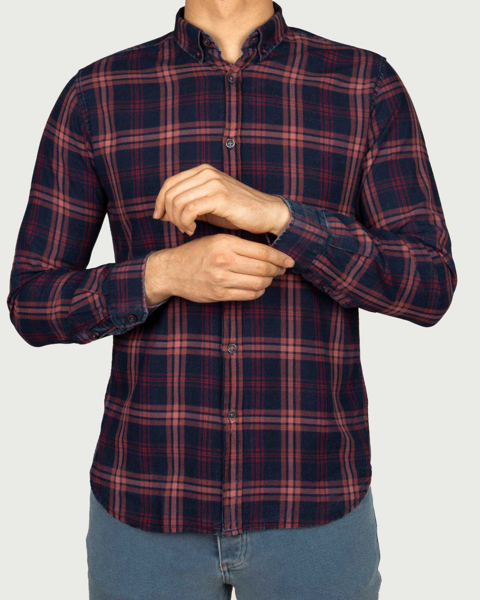 پیراهن نخی مردانه چهارخانه درشت- جگری- روبه-رو