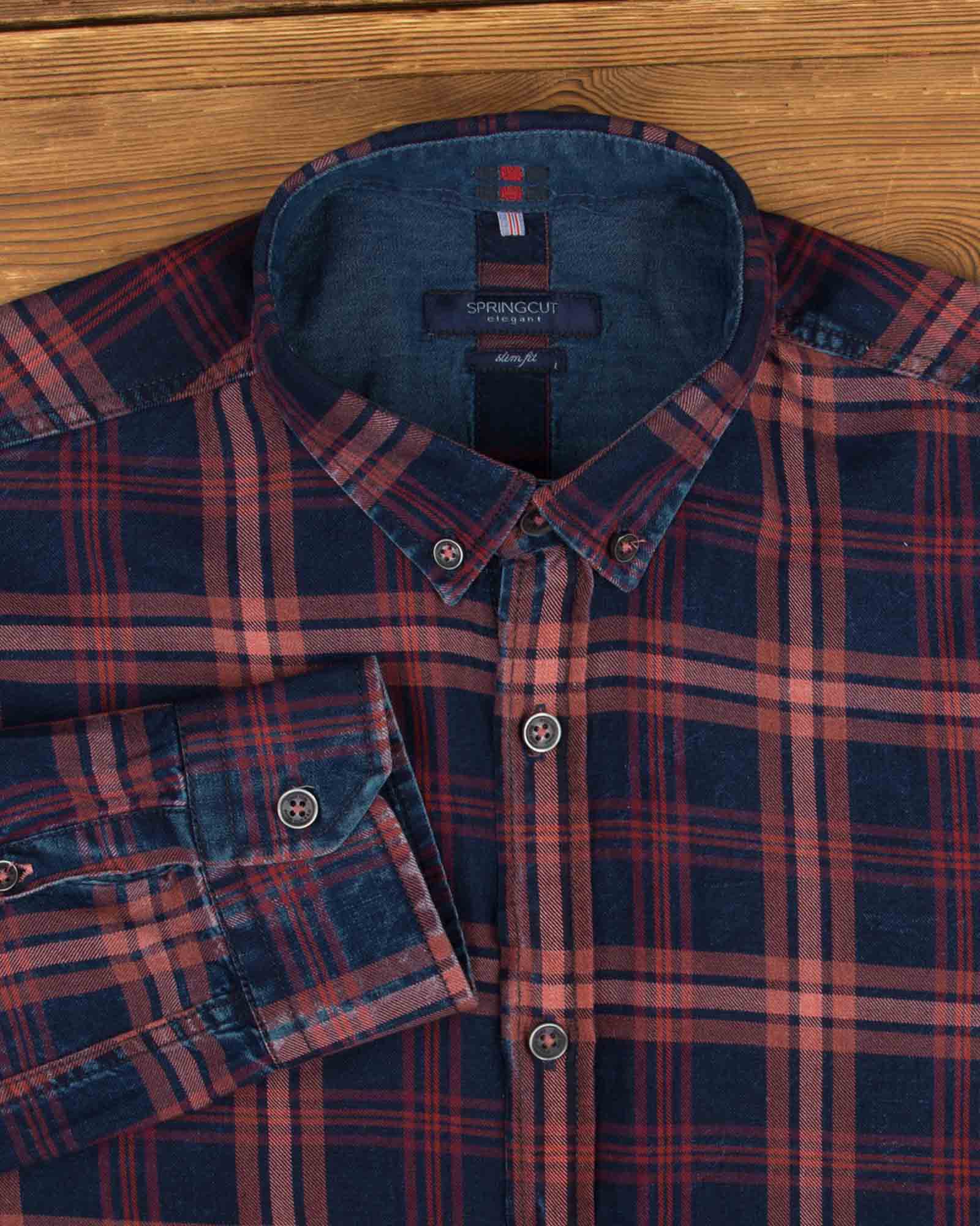 پیراهن نخی مردانه چهارخانه درشت- جگری- یقه