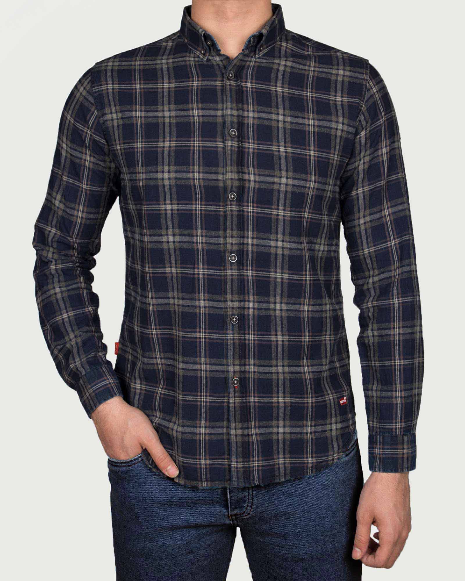 پیراهن نخی مردانه چهارخانه درشت- سرمه ای تیره- روبه-رو